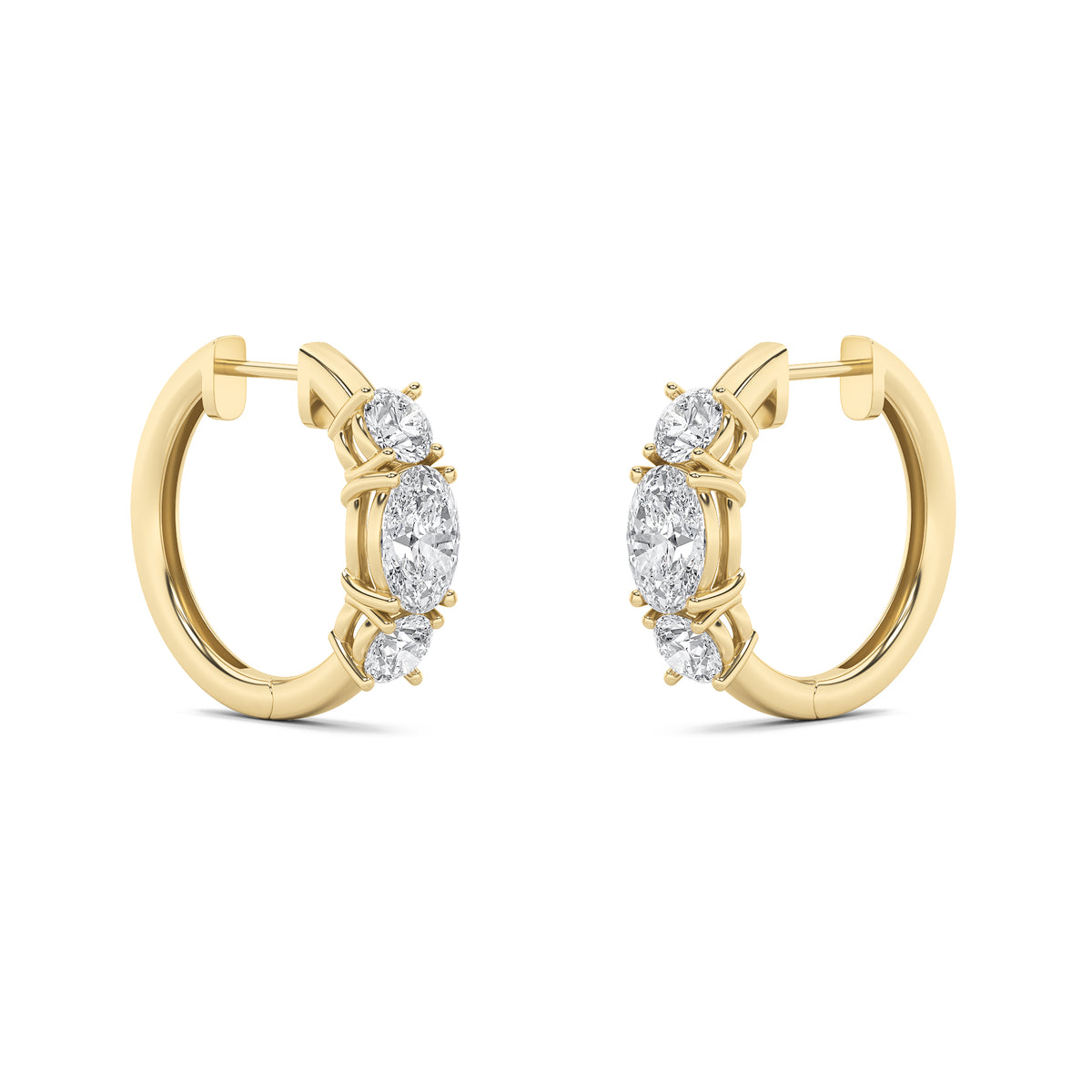 2.5Cttw Oval Shaped Lab Grown Diamond (F/VS) ThreeStone Huggie Earrings in 14K Gold