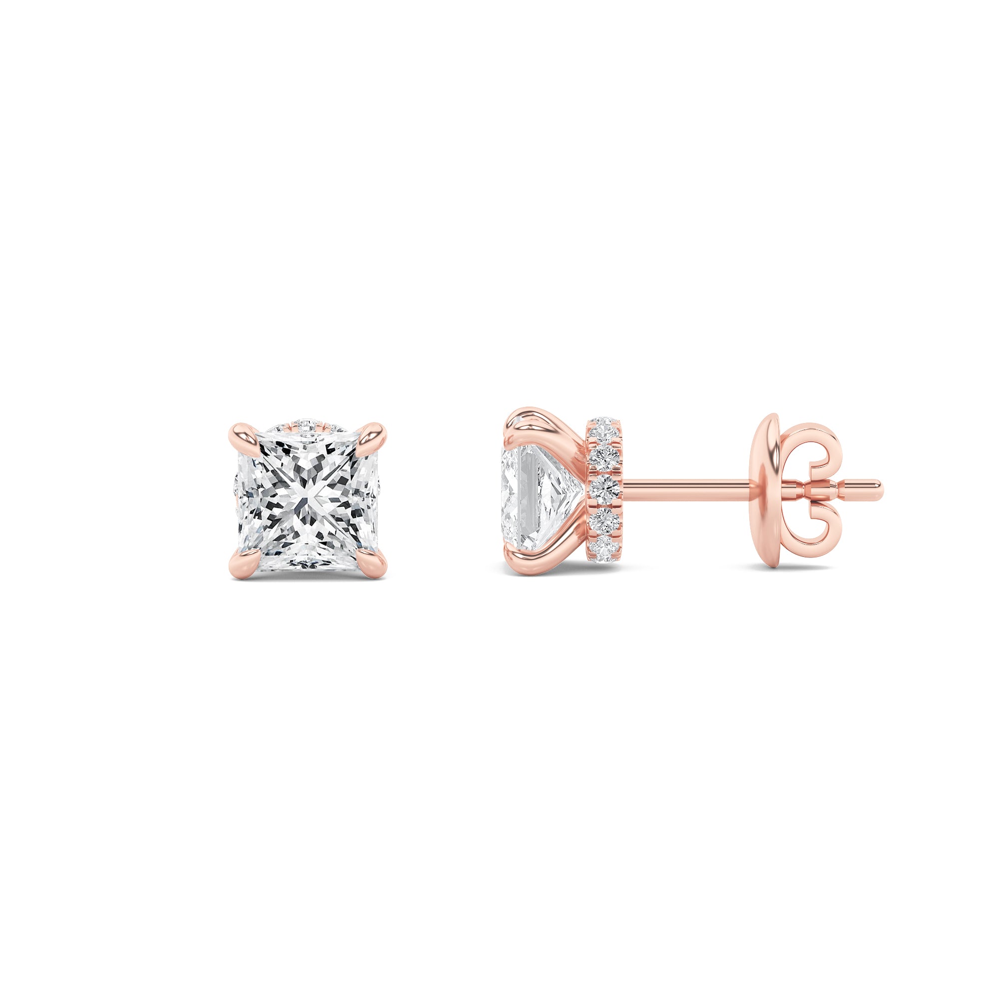 Princess Shaped Lab Grown Diamond (F/VS) Hidden Halo Stud Earrings in 14K Gold