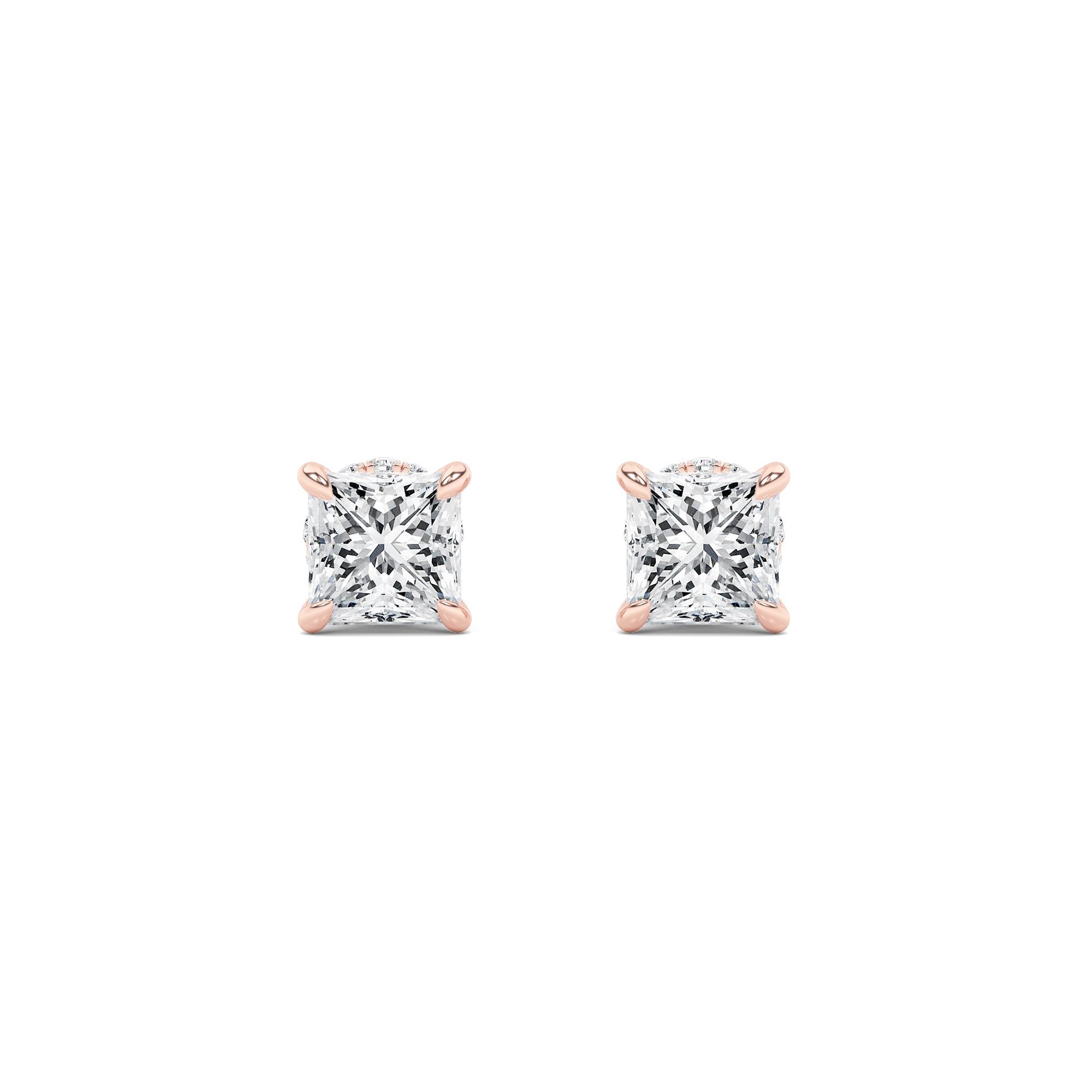 Princess Shaped Lab Grown Diamond (F/VS) Hidden Halo Stud Earrings in 14K Gold