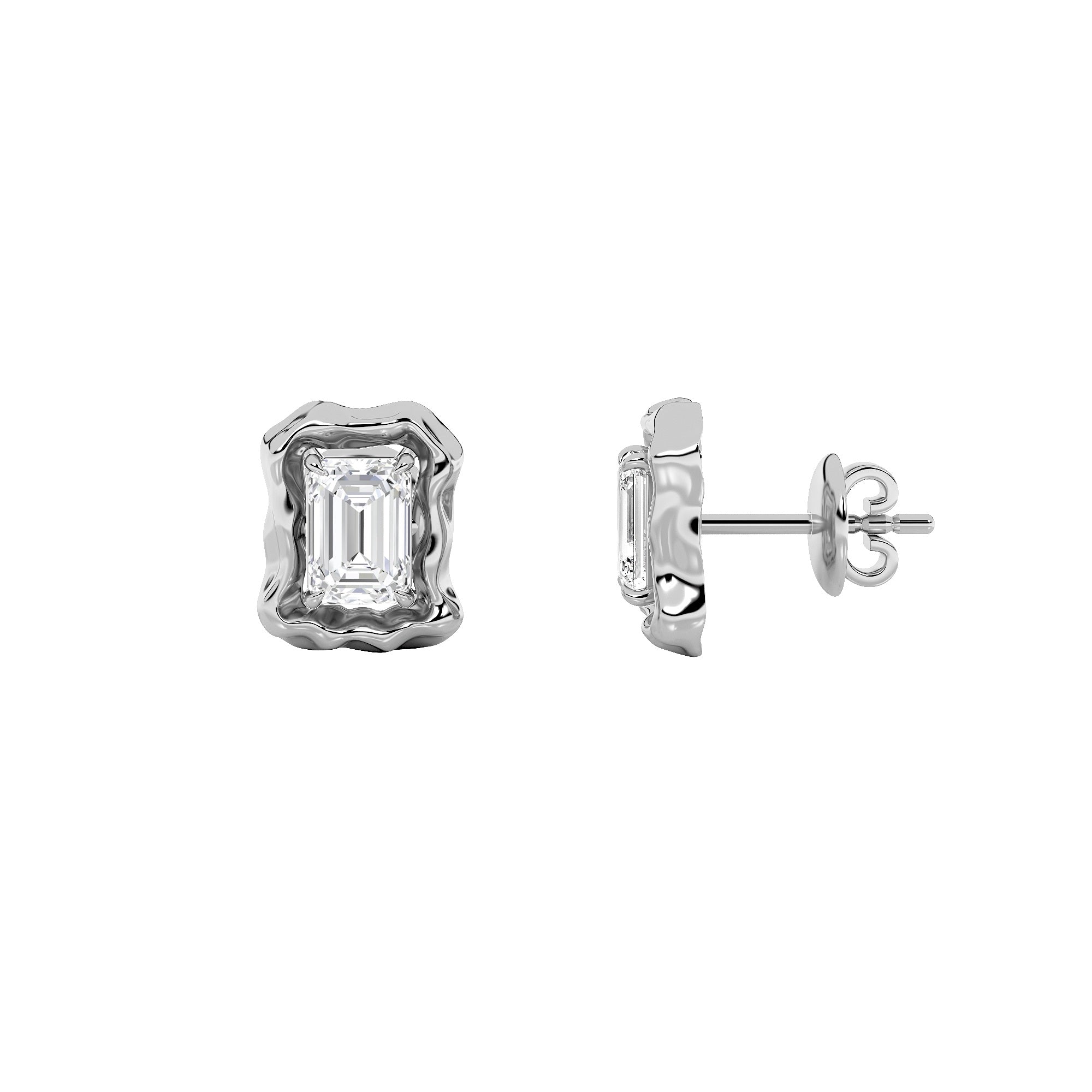 1.5Cttw Emerald Shaped Lab Grown Diamond (F/VS) Organic Design Stud Earrings in 14K Gold