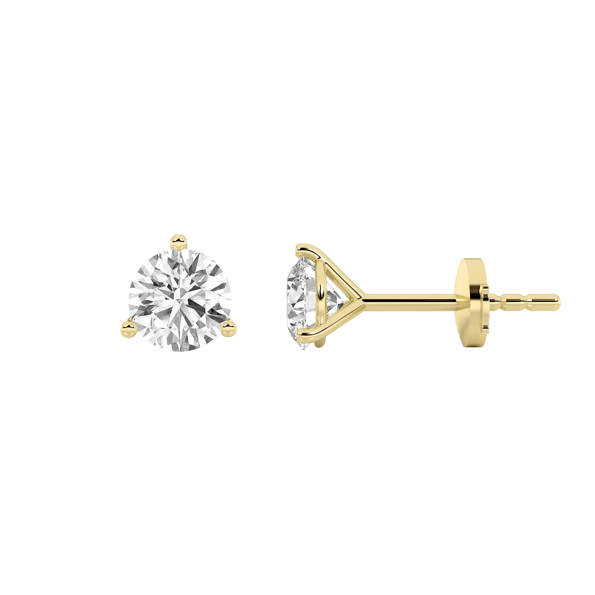 Round Shaped Lab Grown Diamond Three Prong Martini Stud Earrings in 14K Yellow Gold