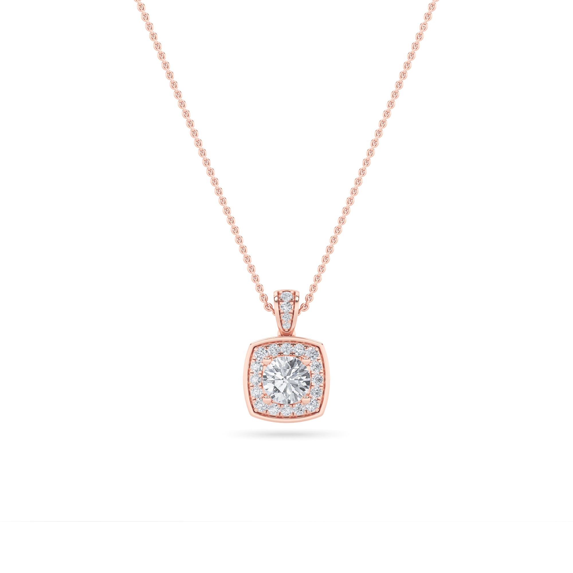 Round (F/VS) Lab Grown Diamond 14K Rose Gold Halo Pendant Necklace