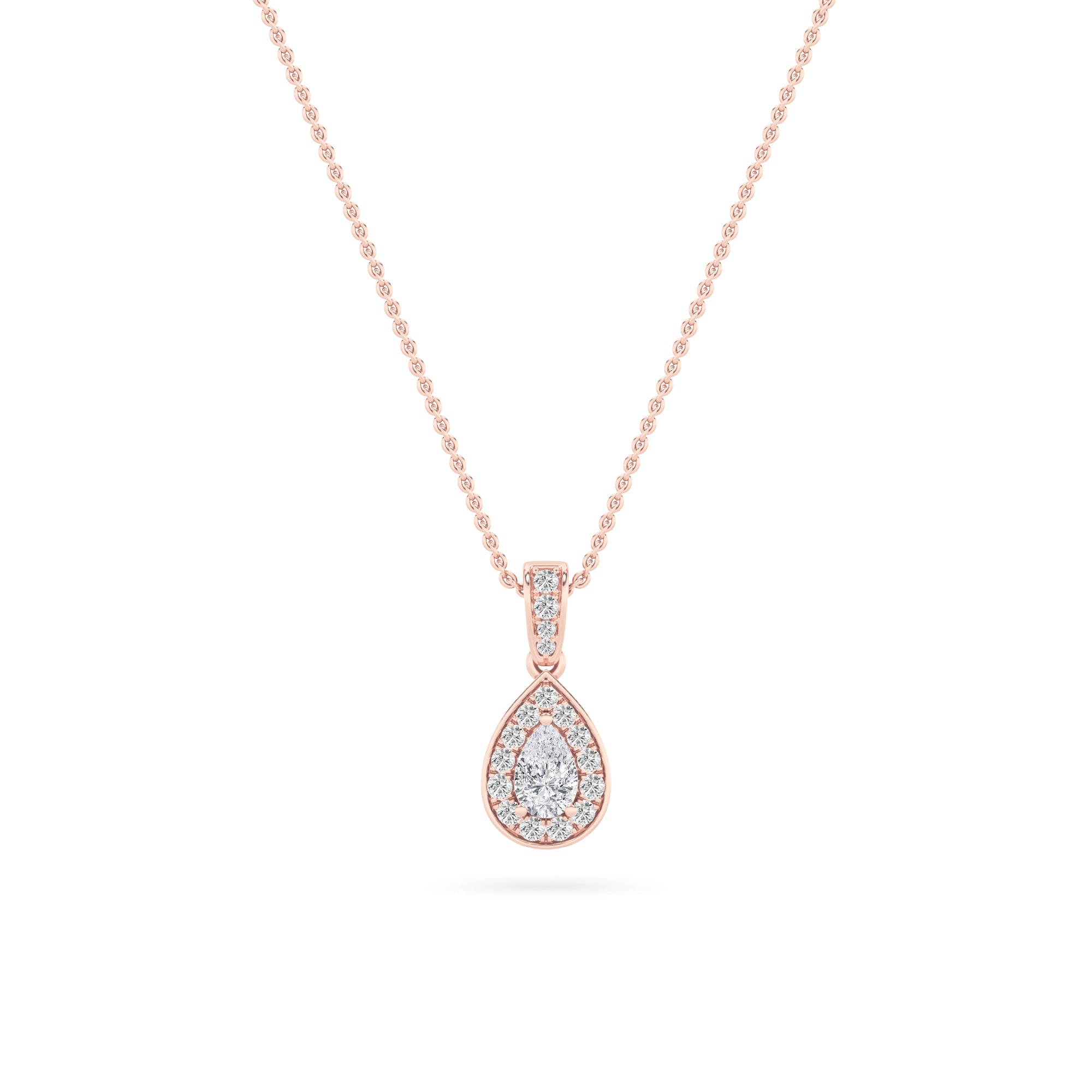 1.25 Ct Pear (F/VS) Lab Grown Diamond Prong 14K Rose Gold Classic Halo Solitaire Pendant Necklace