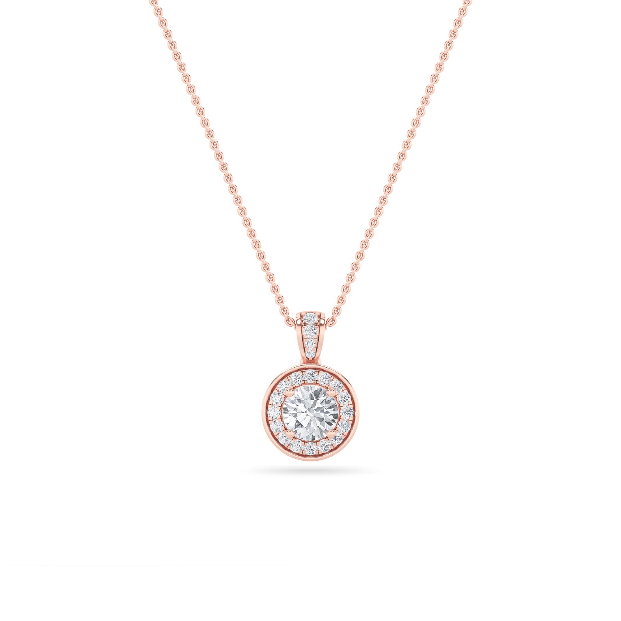 0.75 Ct Round (F/VS) Lab Grown Diamond Prong 14K Rose Gold Classic Halo Solitaire Pendant Necklace