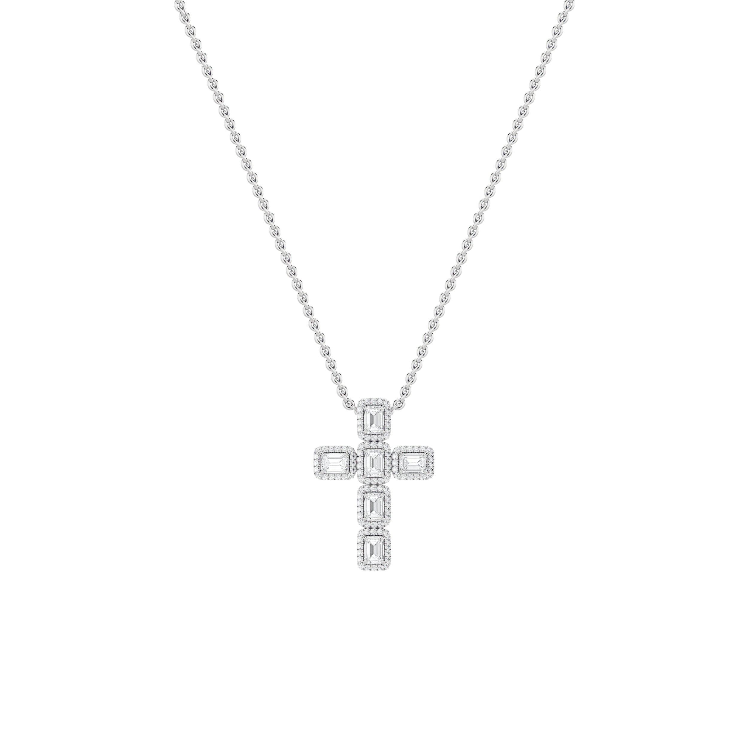 3.0 Ct Emerald (F/VS) Lab Grown Diamond Prong 14K White Gold Fancy Halo Cross Pendant Necklace