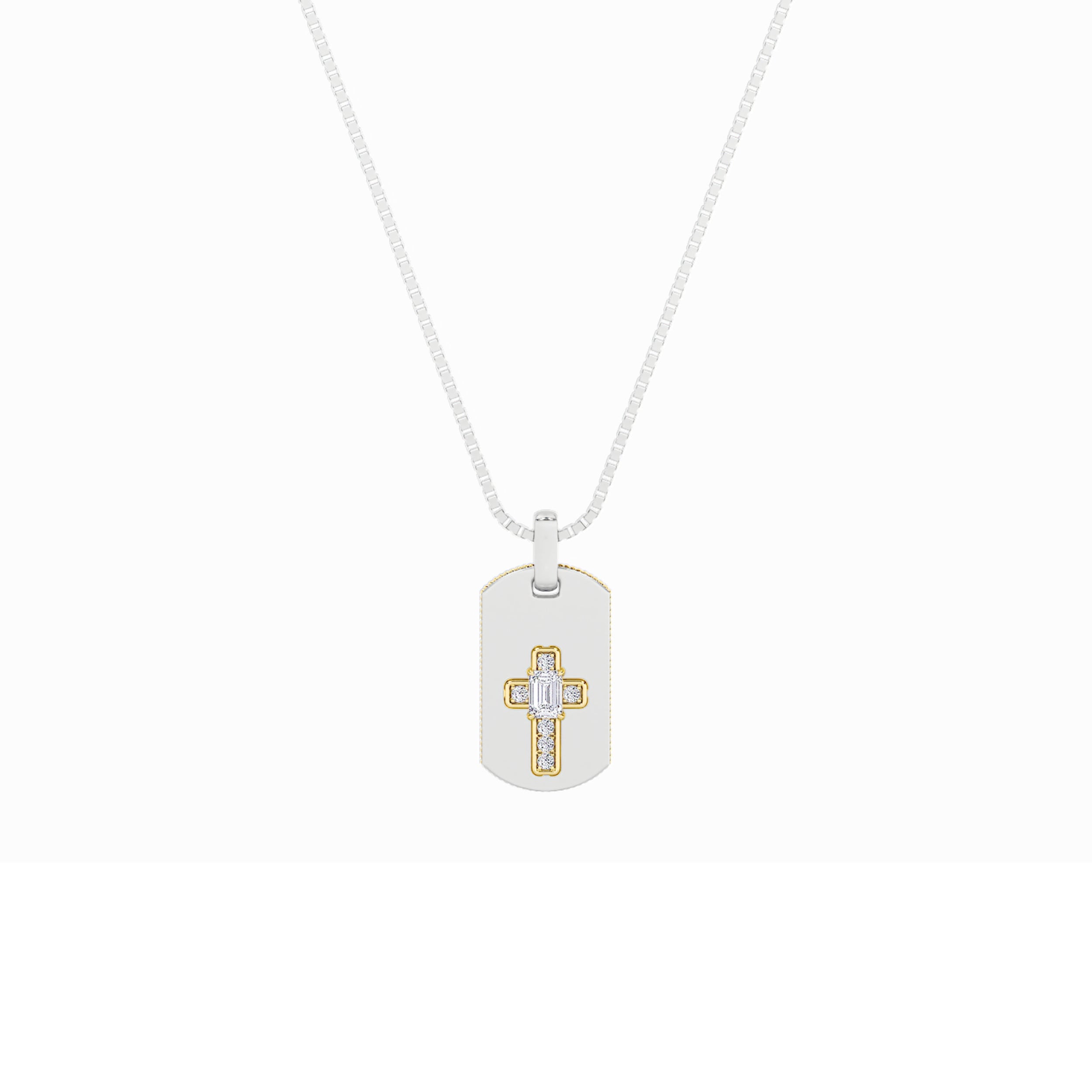 1.0ct Emerald Shaped Lab Grown Diamond (F/VS) Dog Tag Pendant in 14K White Gold & Yellow Gold