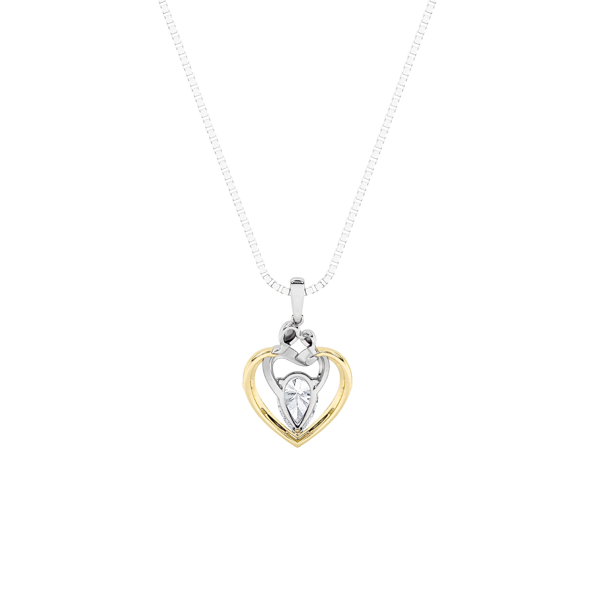 1.5ct Pear Shaped Lab Grown Diamond (F/VS) Heart Shaped Pendant in 14K Yellow Gold & White Gold