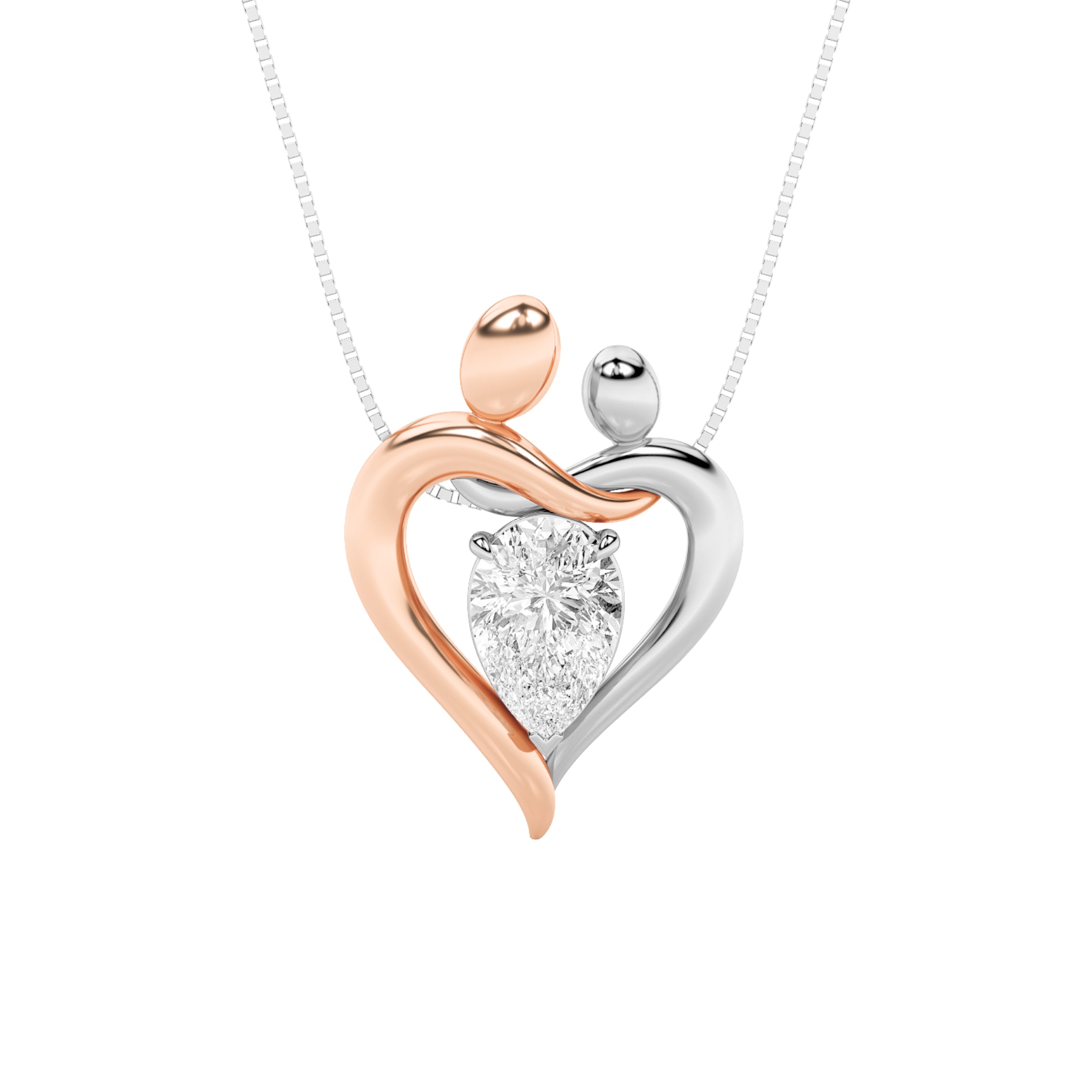 1.5ct Pear Shaped Lab Grown Diamond (F/VS) Mother and Child Heart Shaped Pendant in 14K White Gold & Rose Gold