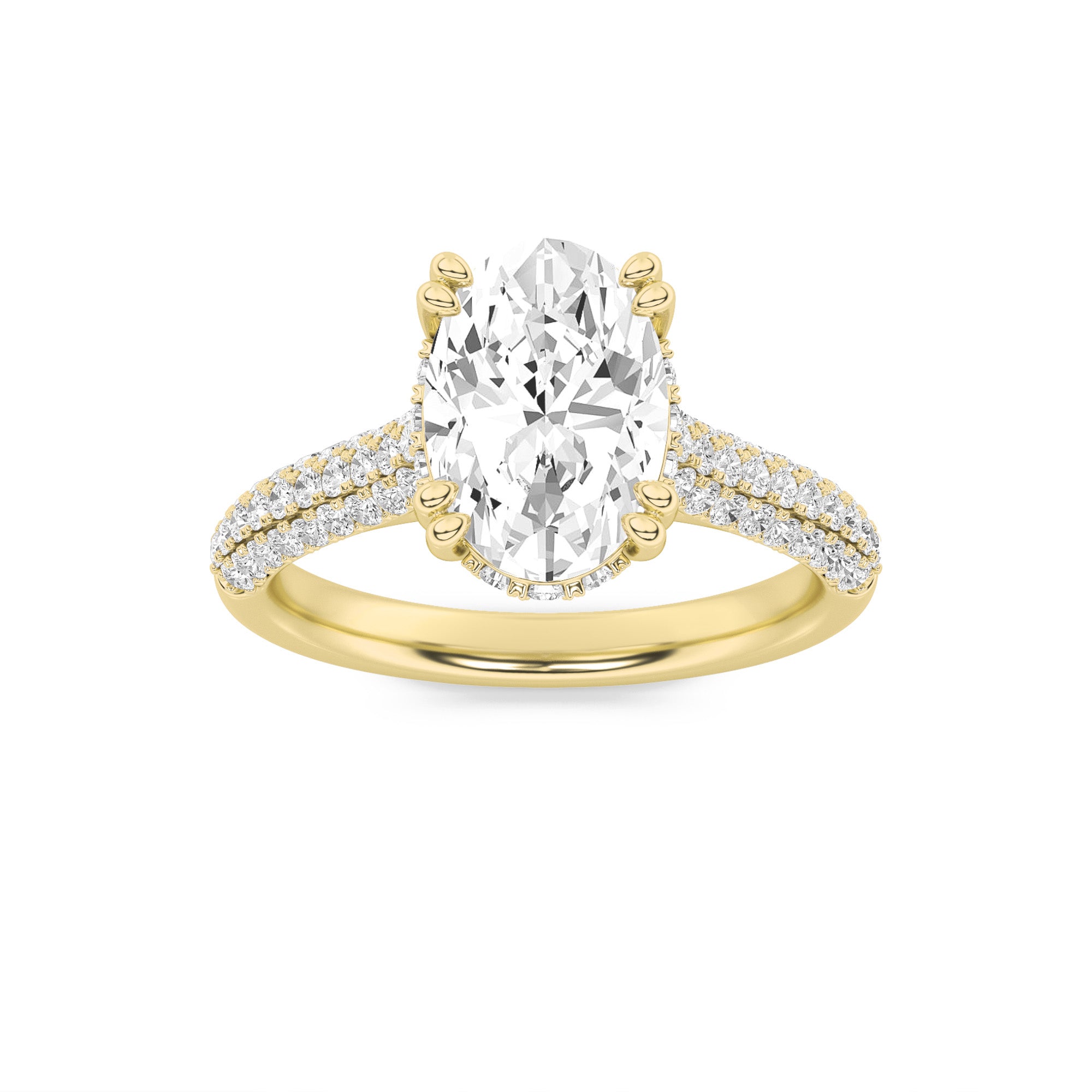 3Cttw Oval Shaped Lab Grown Diamond (F/VS) TripleRow Accented Engagement Ring in 14K Gold