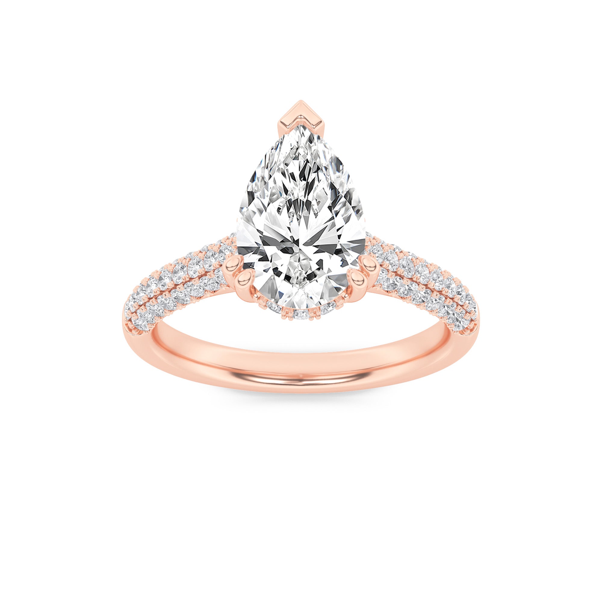 3Cttw Pear Shaped Lab Grown Diamond (F/VS) TripleRow Accented Engagement Ring in 14K Gold
