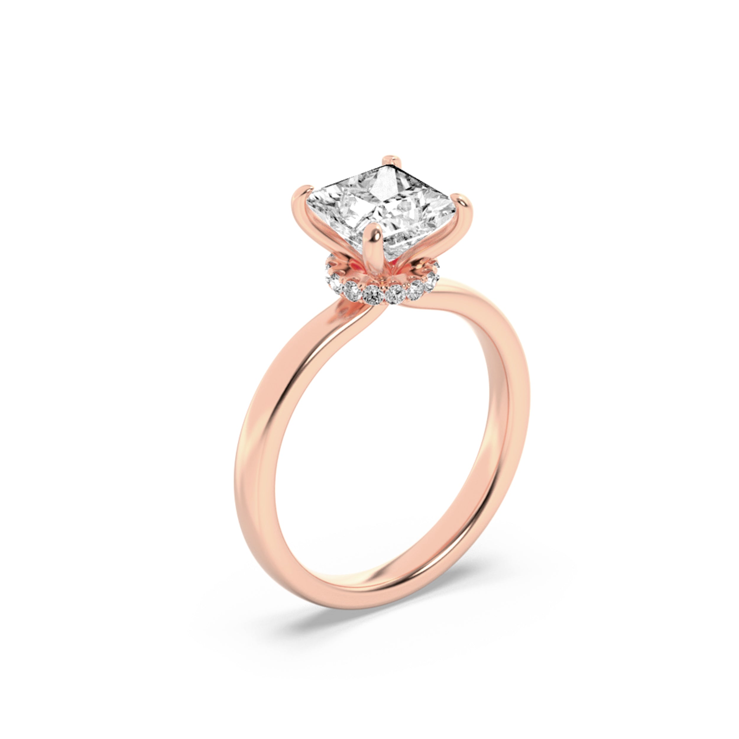 1Cttw Princess Shaped Lab Grown Diamond (F/VS) Hidden Halo Plain Shank Engagement Ring in 14K Gold