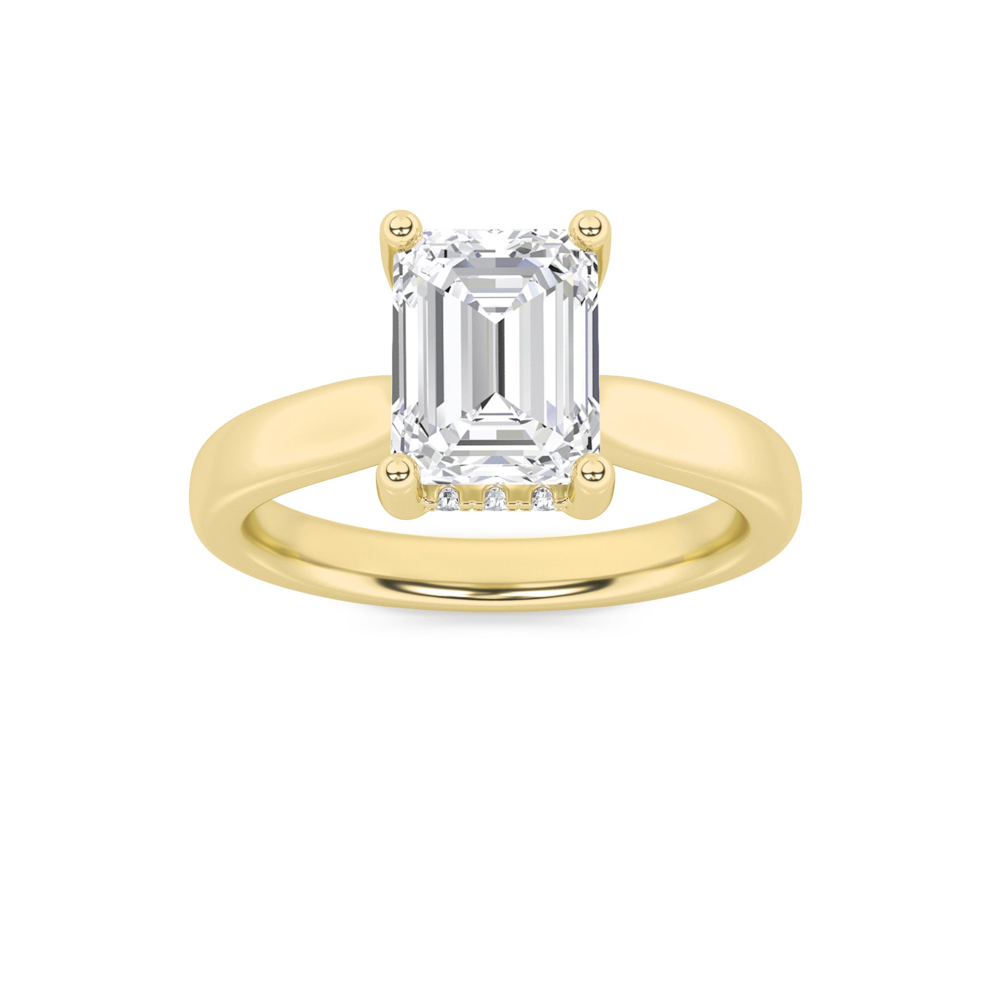 2Cttw Emerald Shaped Lab Grown Diamond (F/VVS) Hidden Halo Cathedral Shank Engagement Ring in 14K Gold