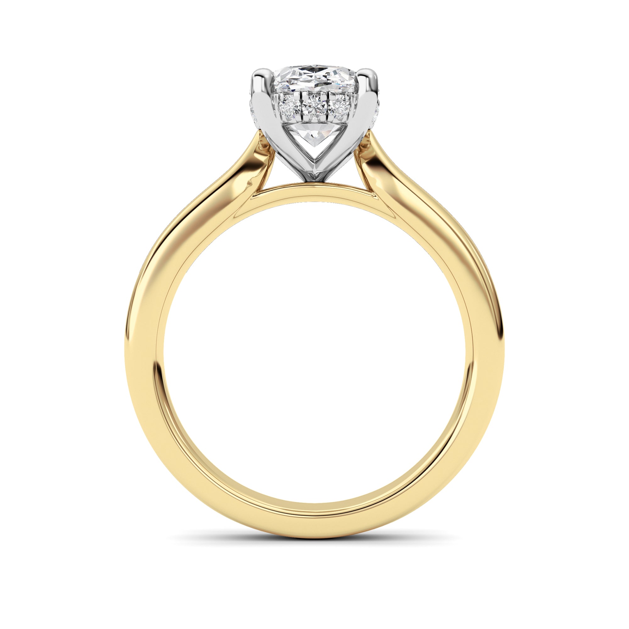 2Cttw Oval Shaped Lab Grown Diamond (F/VVS) HiddenHalo Cathedral Shank Engagement Ring in 14K Gold
