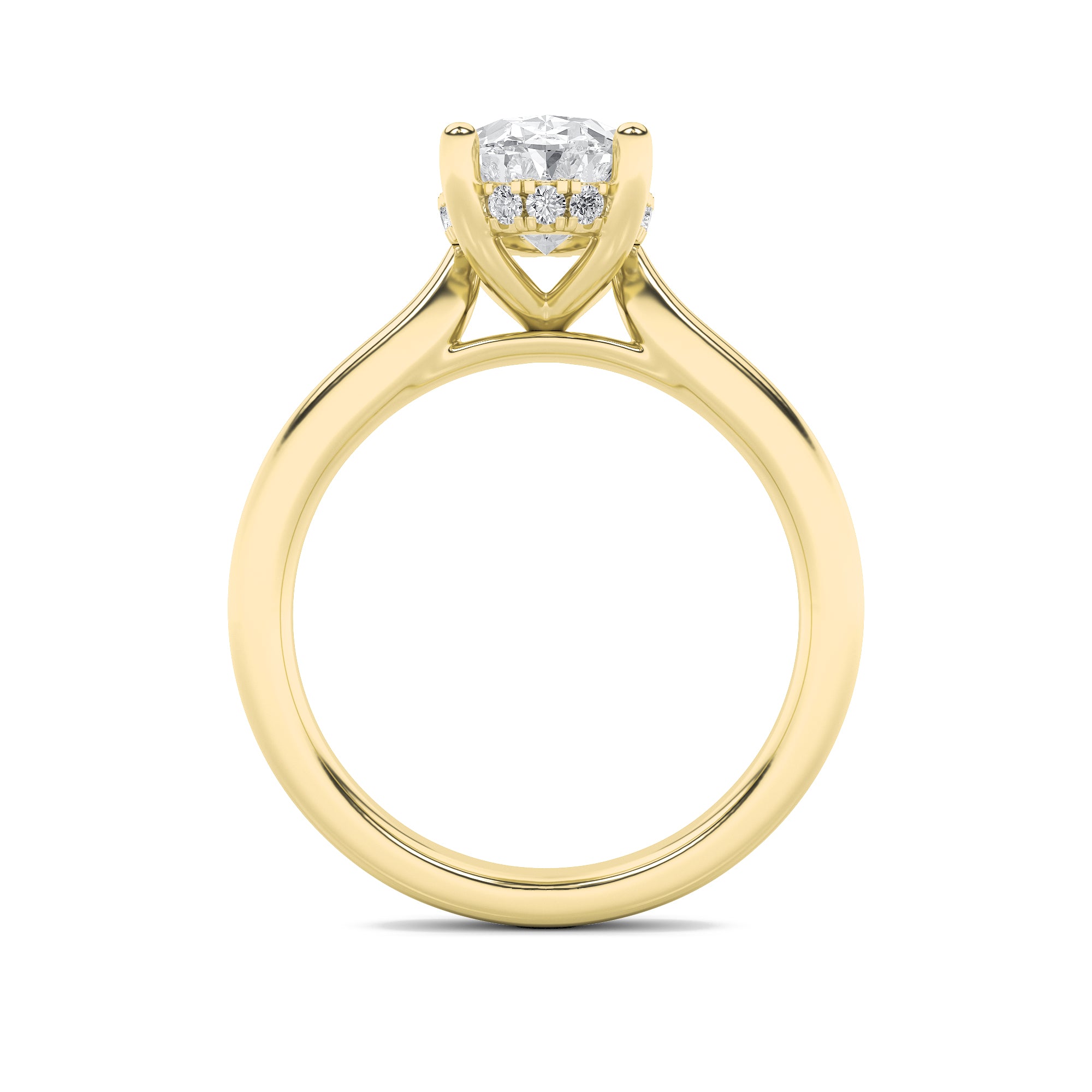 3Cttw Oval Shaped Lab Grown Diamond (F/VS) HiddenHalo Cathedral Shank Engagement Ring in 14K Gold