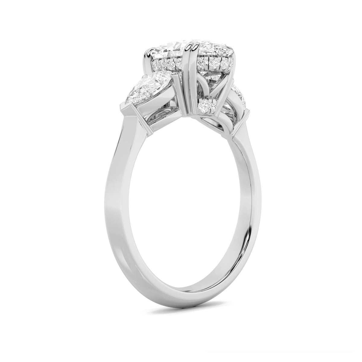 3Cttw Oval Shaped Lab Grown Diamond (F/VS) Three Stone Hidden Halo Ring in 14K Gold