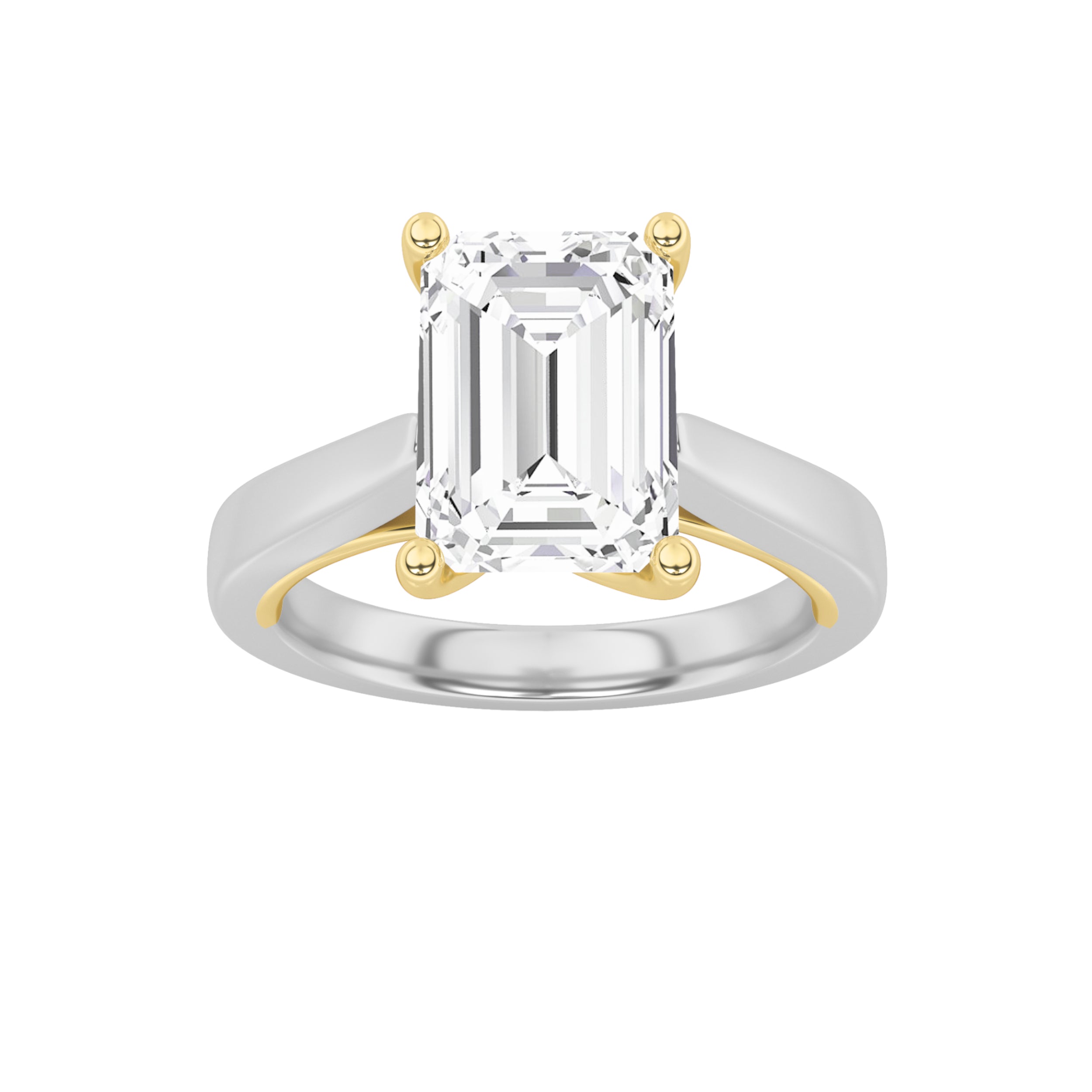 1Cttw Emerald Shaped Lab Grown Diamond (F/VS) TwoTone Twisted Basket Cathedral Shank Solitaire Ringin 14K Gold