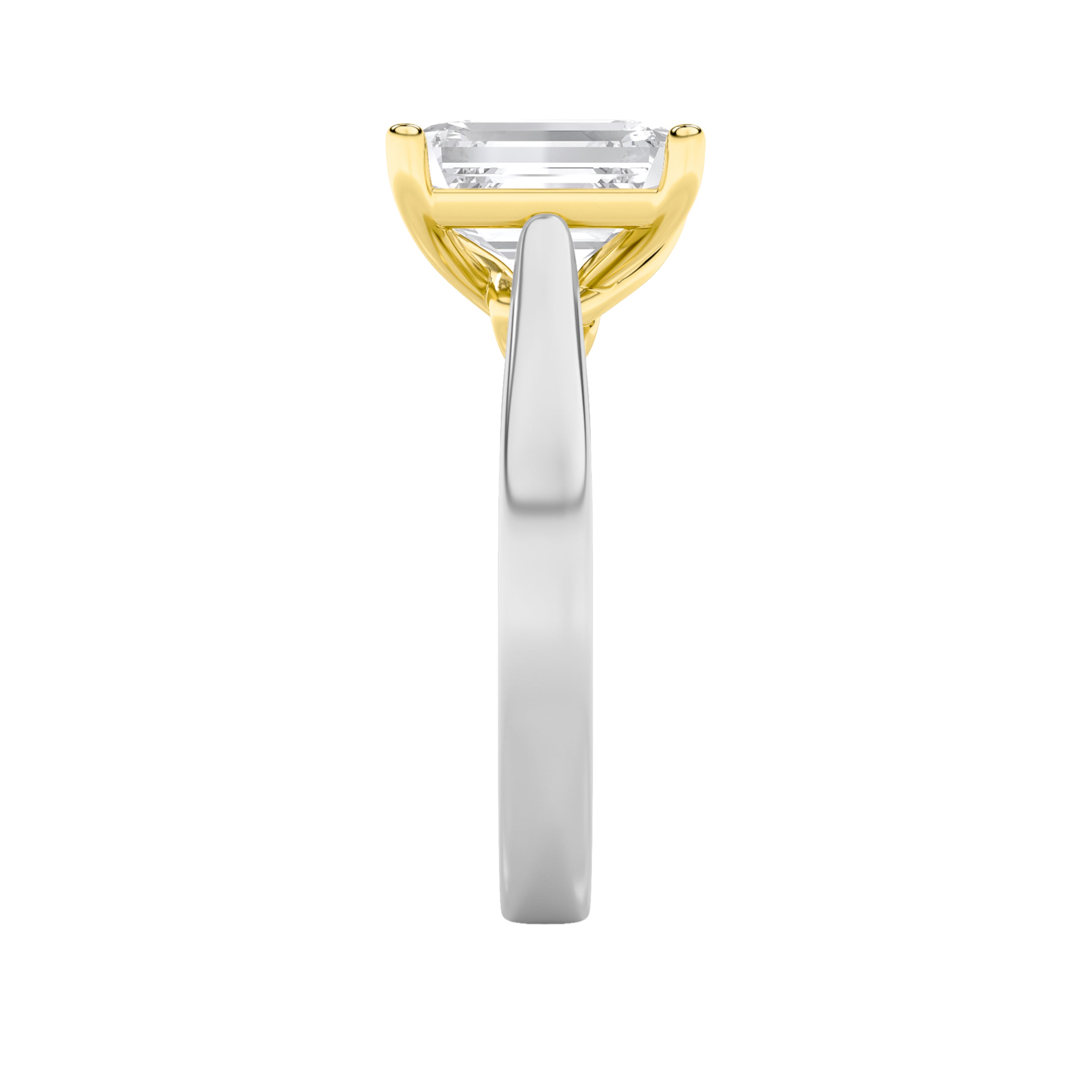 3Cttw Emerald Shaped Lab Grown Diamond (F/VS) TwoTone Twisted Basket Cathedral Shank Solitaire Ringin 14K Gold