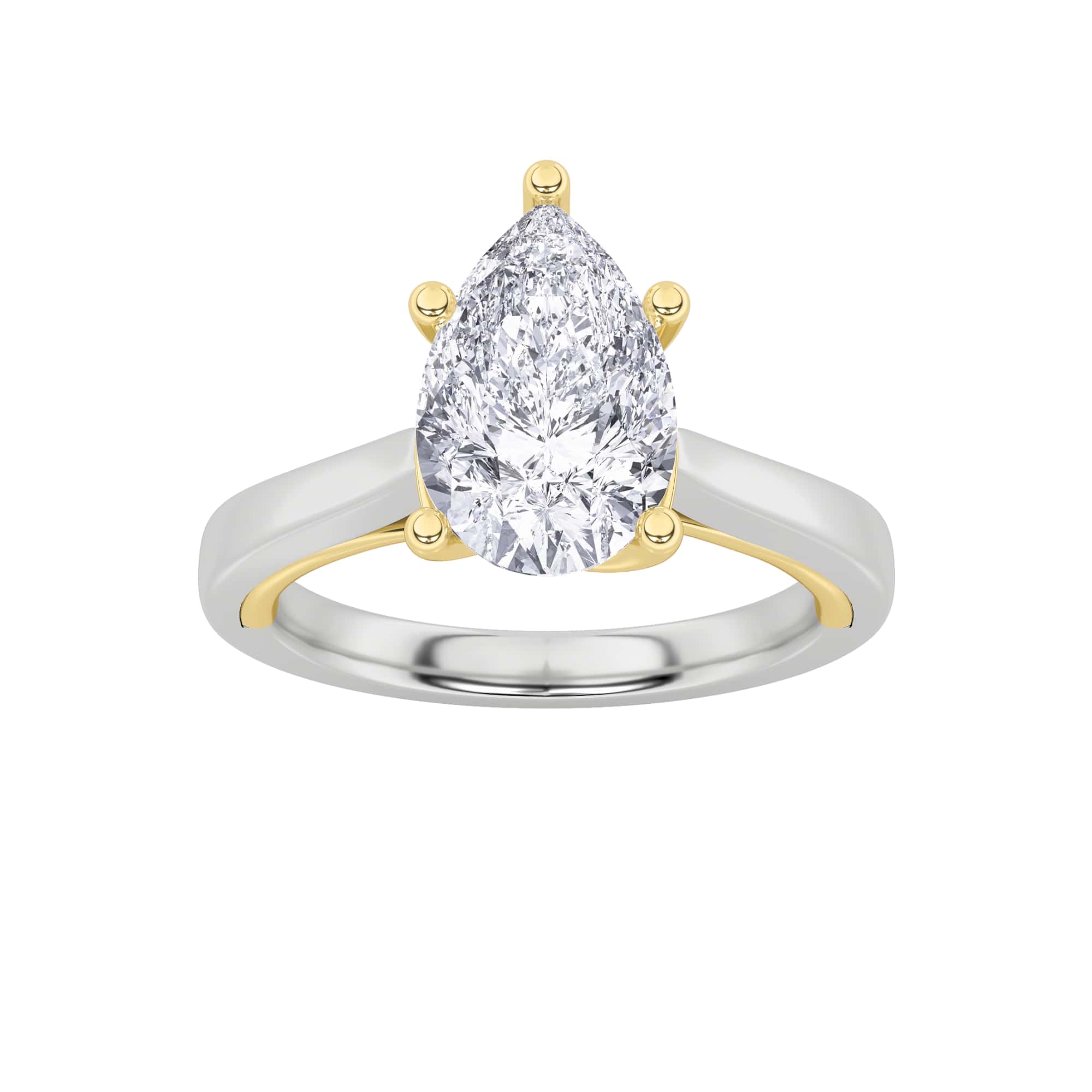 1Cttw Pear Shaped Lab Grown Diamond (F/VS) Two Tone Twisted Basket Cathedral Shank Solitaire Ring in14K Gold