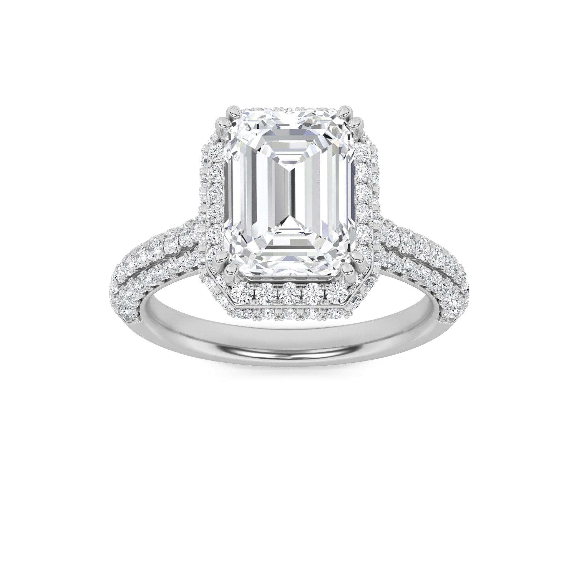 3Cttw Emerald Shaped Lab Grown Diamond (G/VS) HaloAccented Engagement Ring in 14K Gold