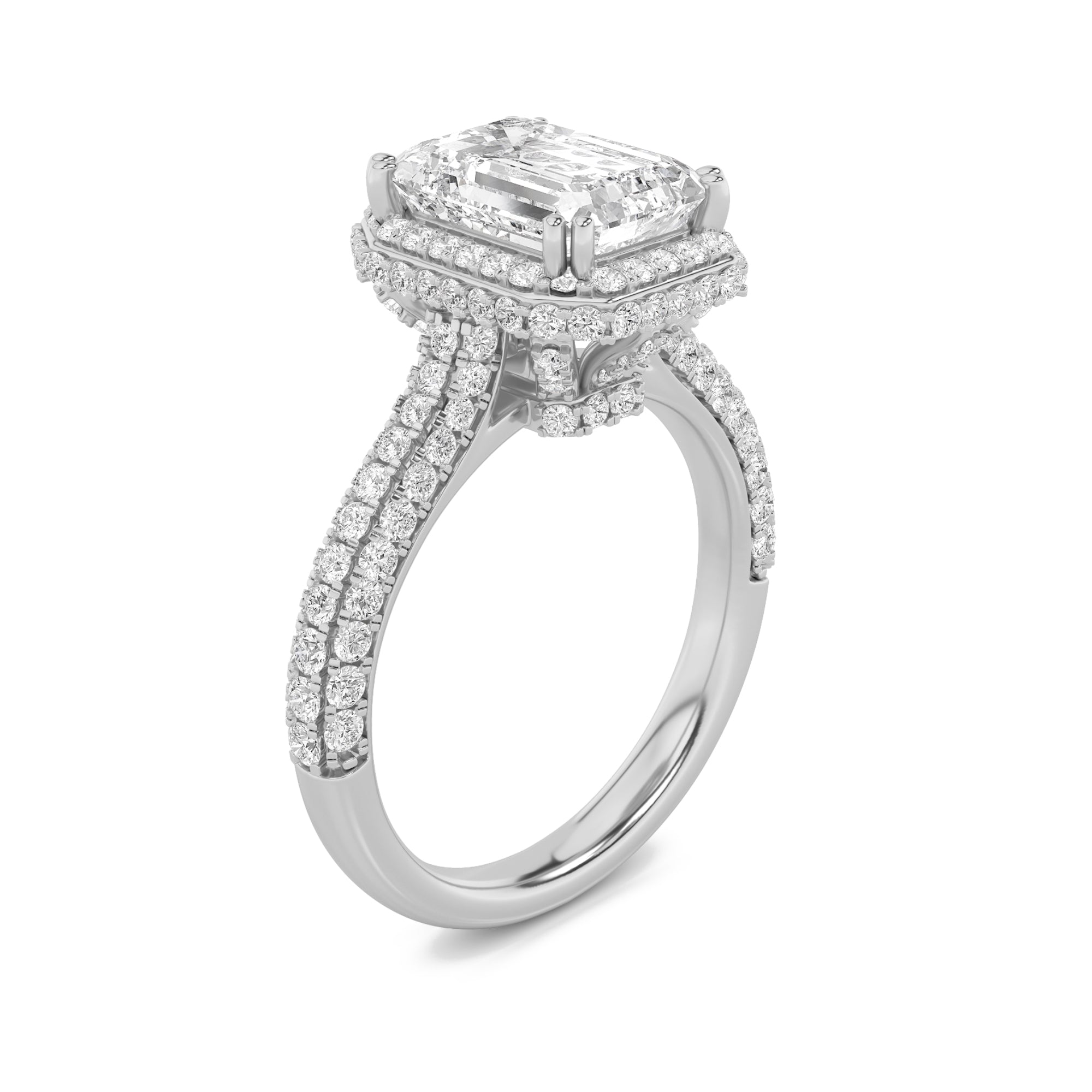 3Cttw Emerald Shaped Lab Grown Diamond (G/VS) HaloAccented Engagement Ring in 14K Gold