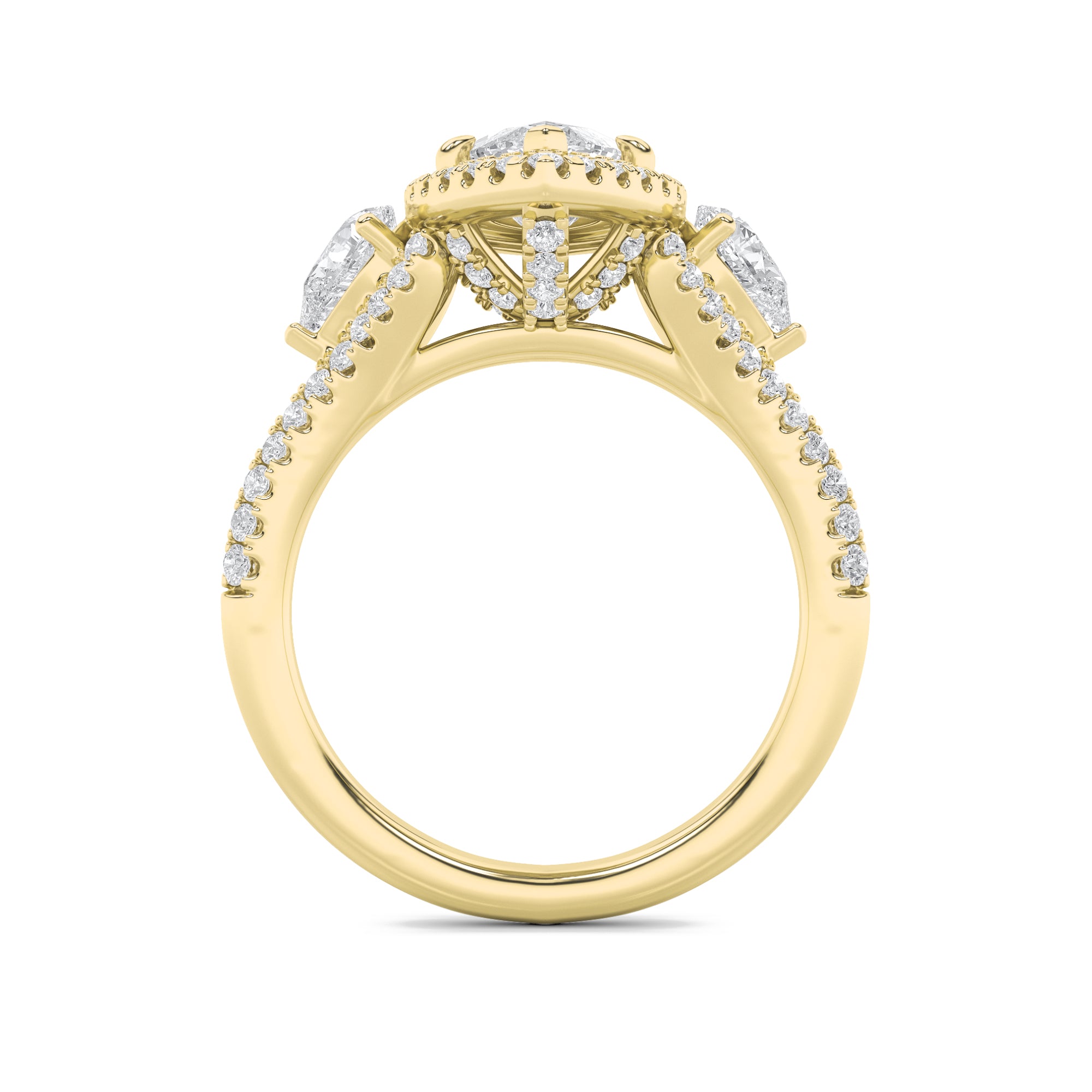 3Cttw Marquise Shaped Lab Grown Diamond (G/VS) Three Stone Bold Accented Engagement Ring in 14K Gold