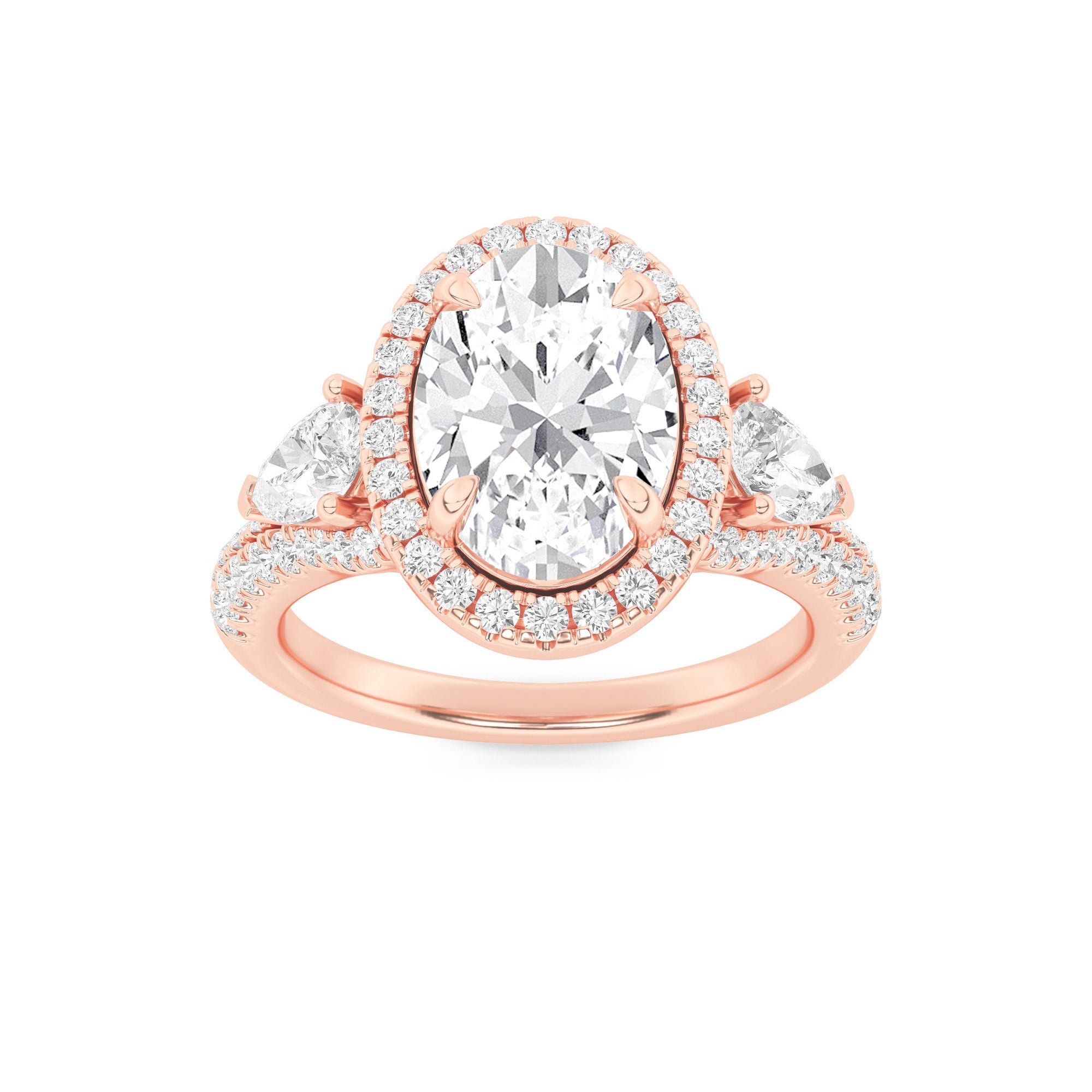 3Cttw Oval Shaped Lab Grown Diamond (F/VS) Three Stone Bold Accented Engagement Ring in 14K Gold
