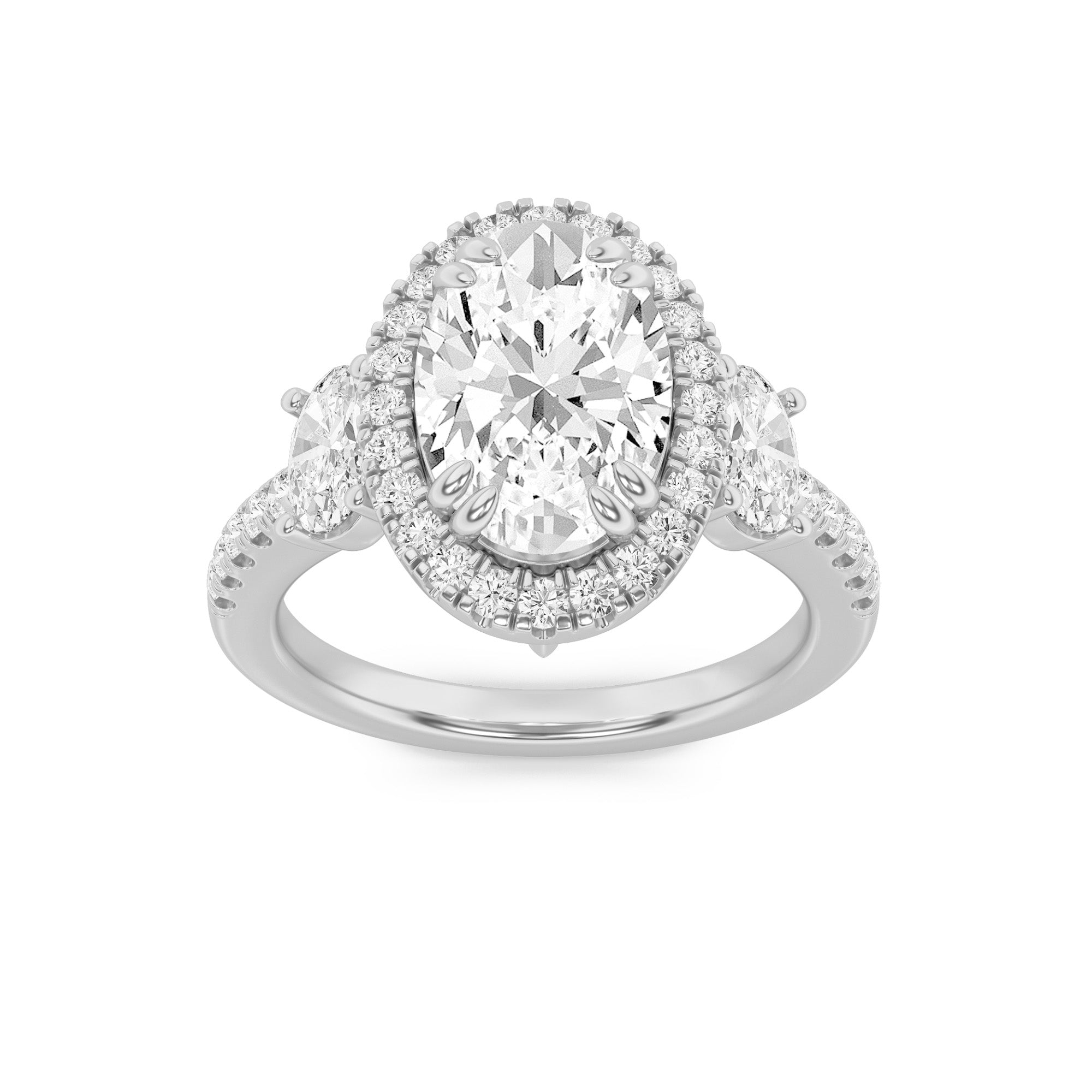 3Cttw Oval Shaped Lab Grown Diamond (G/VS) Three Stone Accented Engagement Ring in 14K Gold