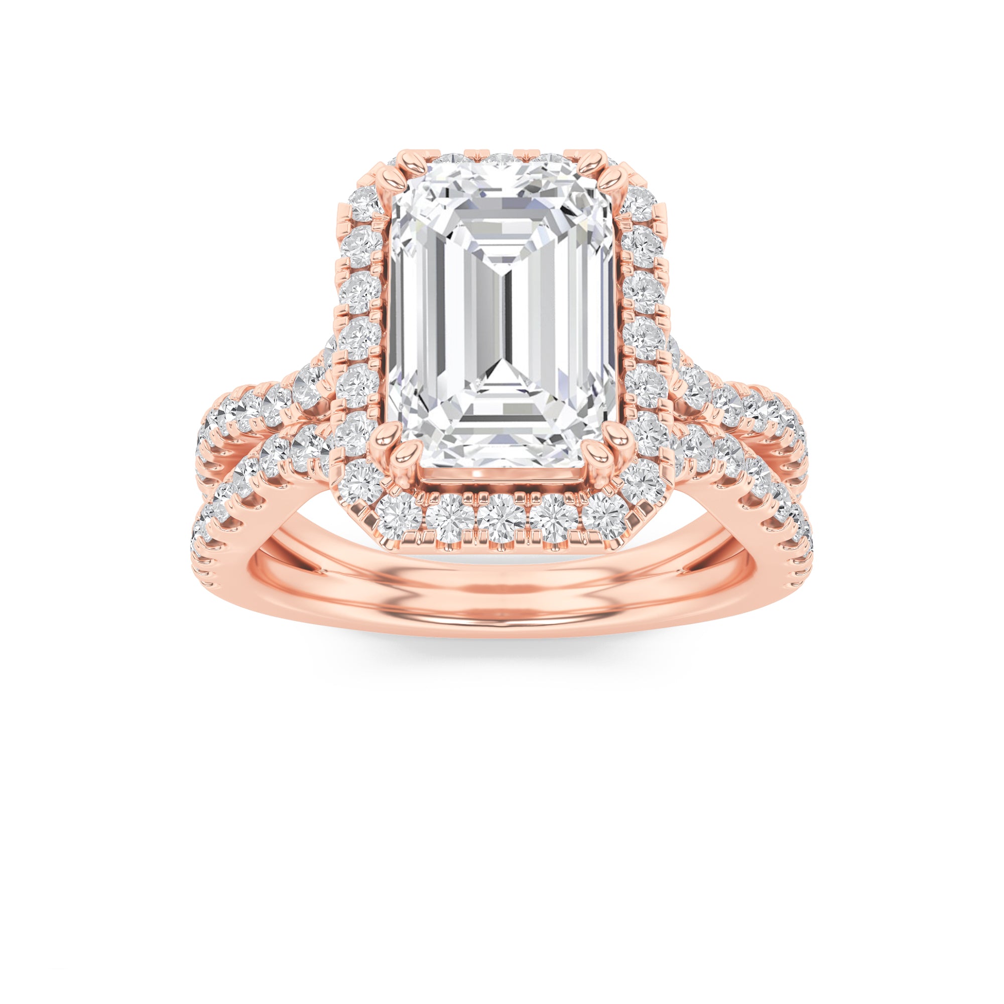 4Cttw Emerald Shaped Lab Grown Diamond (F/VS) Split Shank Halo Engagement Ring in 14K Gold