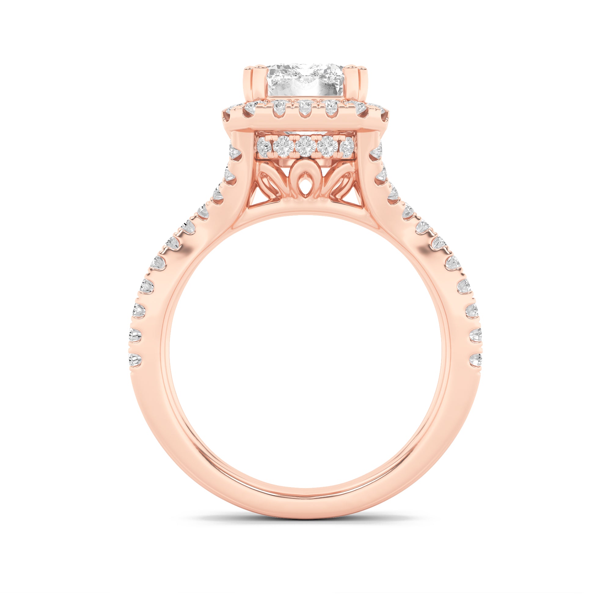 4Cttw Emerald Shaped Lab Grown Diamond (F/VS) Split Shank Halo Engagement Ring in 14K Gold