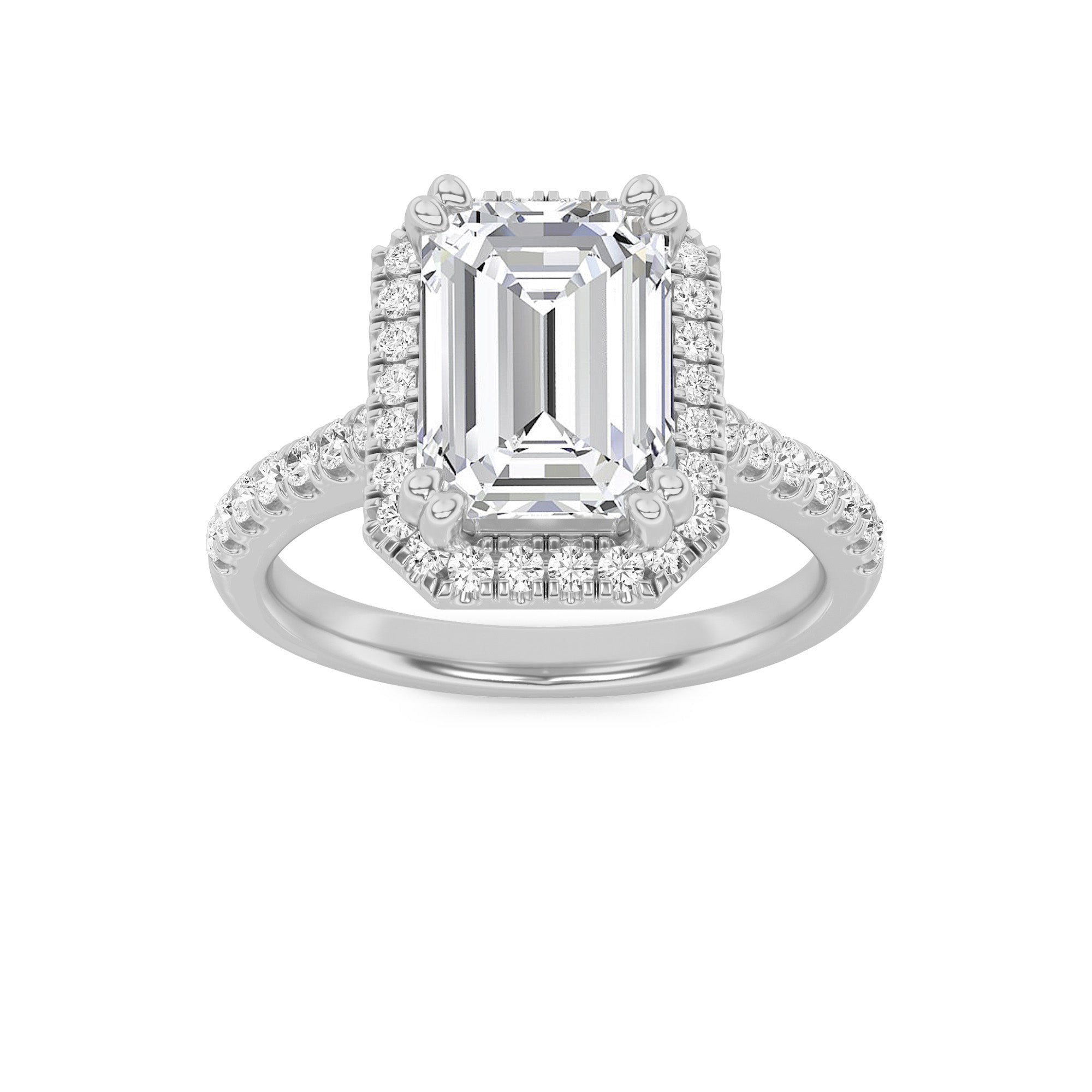 2.5Cttw Emerald Shaped Lab Grown Diamond (F/VS) Halo Accented Engagement Ring in 14K Gold