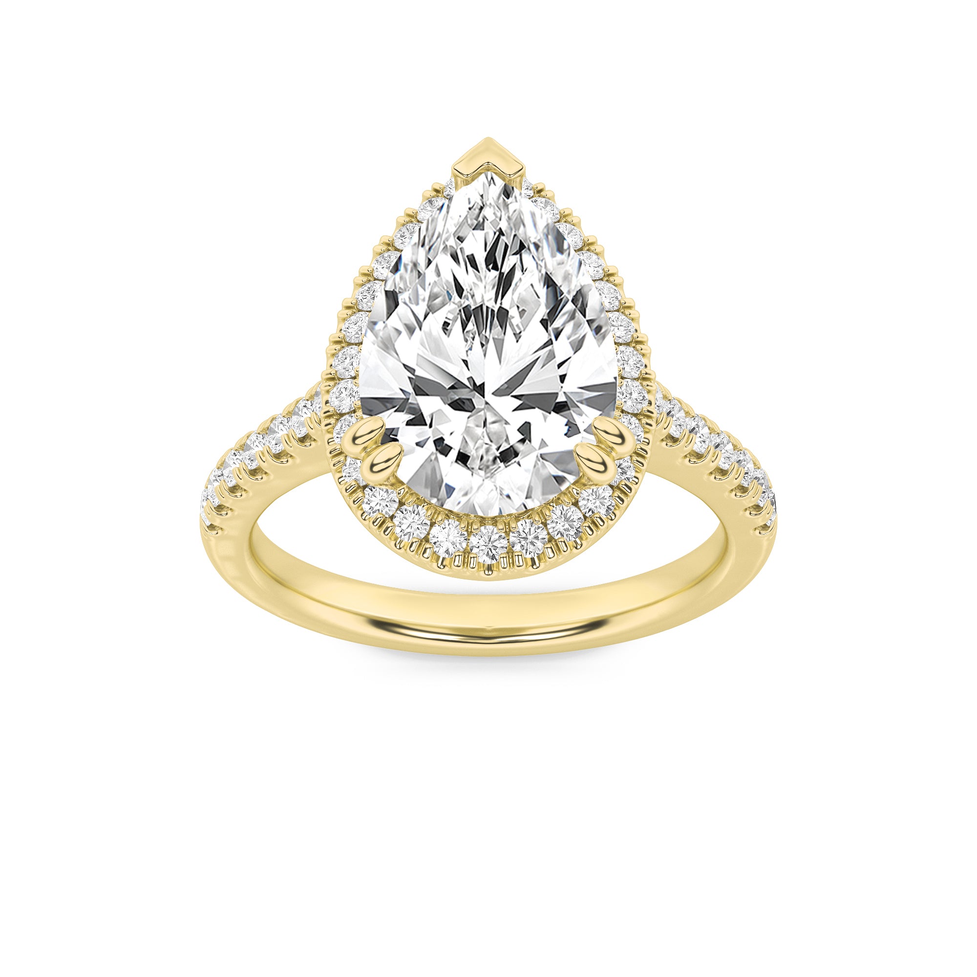 3Cttw Pear Shaped Lab Grown Diamond (F/VS) ClassicHalo Accented Engagement Ring in 14K Gold