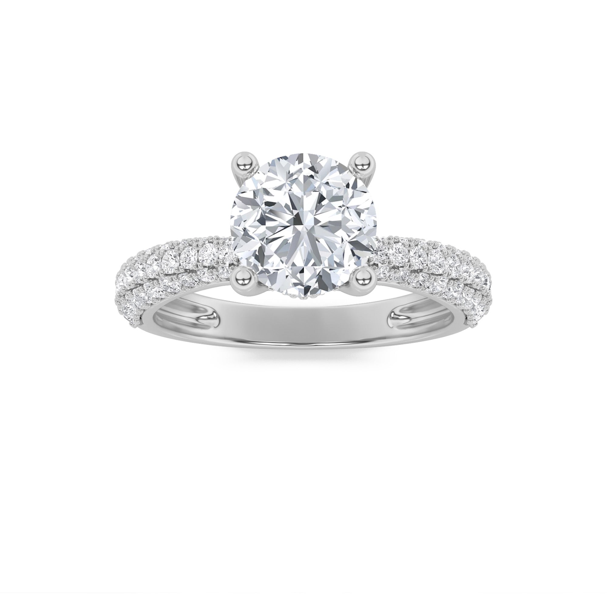 2Cttw Round Shaped Lab Grown Diamond (F/VS) ThreeRow Micro Pave Engagement Ring in 14K Gold