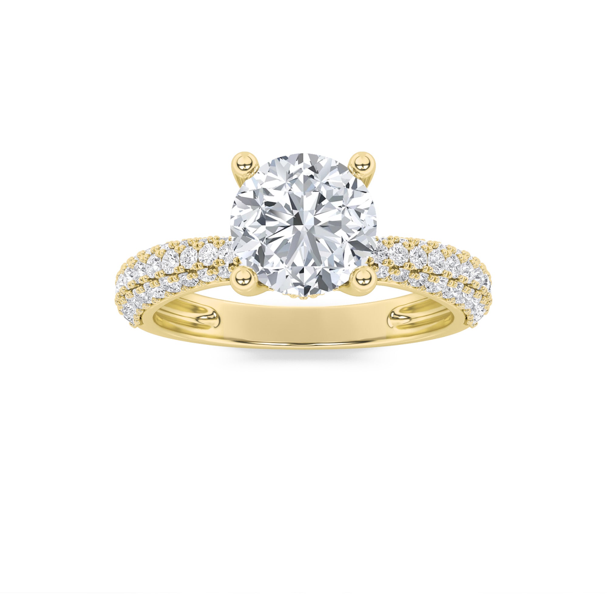 2Cttw Round Shaped Lab Grown Diamond (F/VS) ThreeRow Micro Pave Engagement Ring in 14K Gold