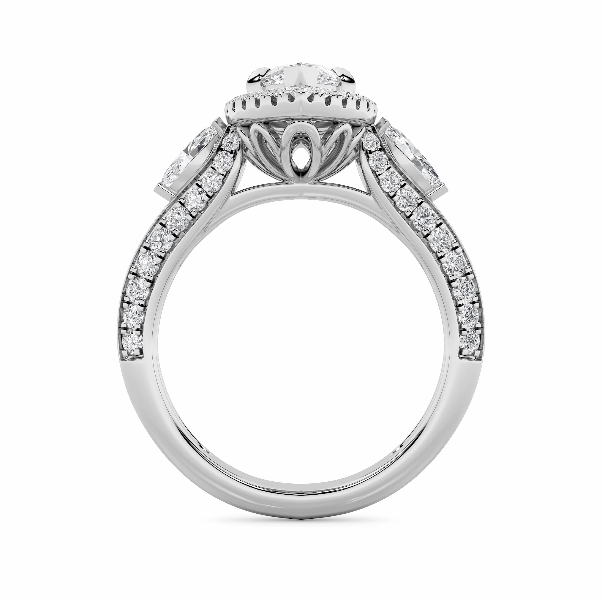 3Cttw Marquise Shaped Lab Grown Diamond (F/VS) Three Stone Halo Enagement Ring in 14K Gold