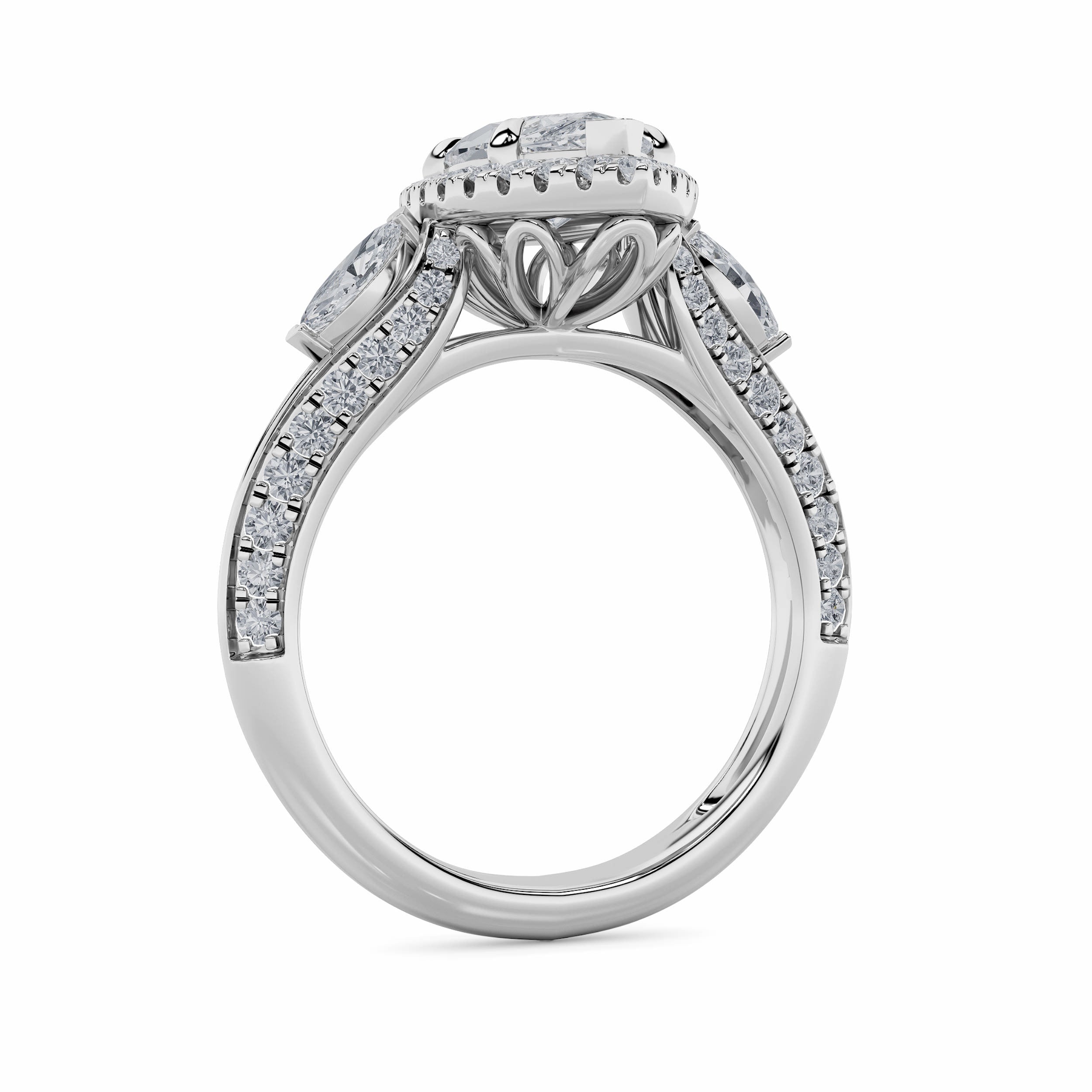 3Cttw Marquise Shaped Lab Grown Diamond (F/VS) Three Stone Halo Enagement Ring in 14K Gold