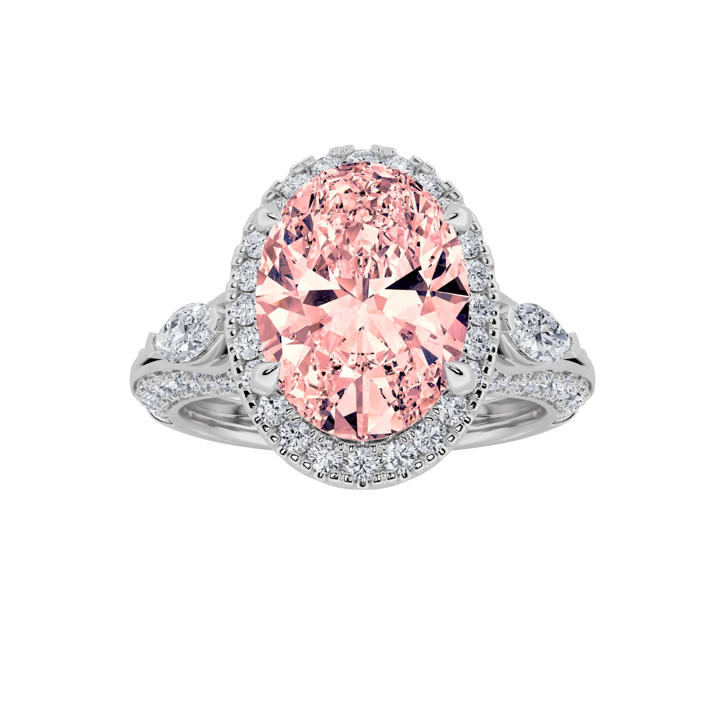 3Cttw Oval Shaped Lab Grown Diamond (F/VS) Three Stone Halo Enagement Ring in 14K Gold