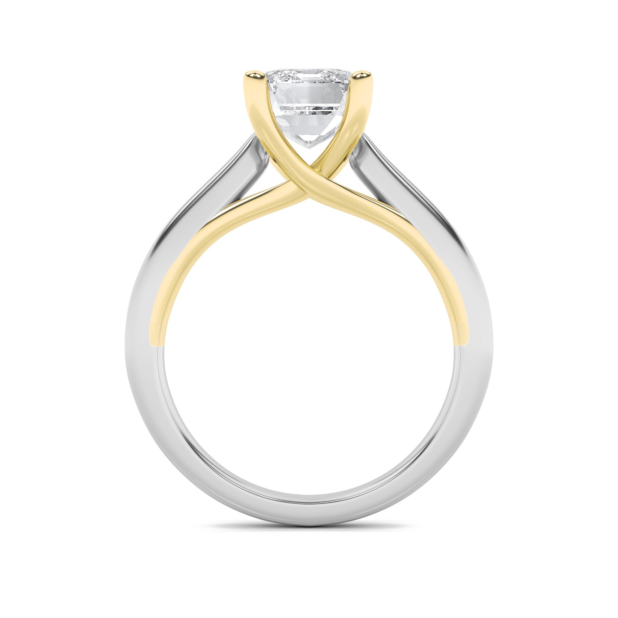 2Cttw Emerald Shaped Lab Grown Diamond (F/VS) TwoTone Cathedral Shank Engagement Ring in 14K Gold