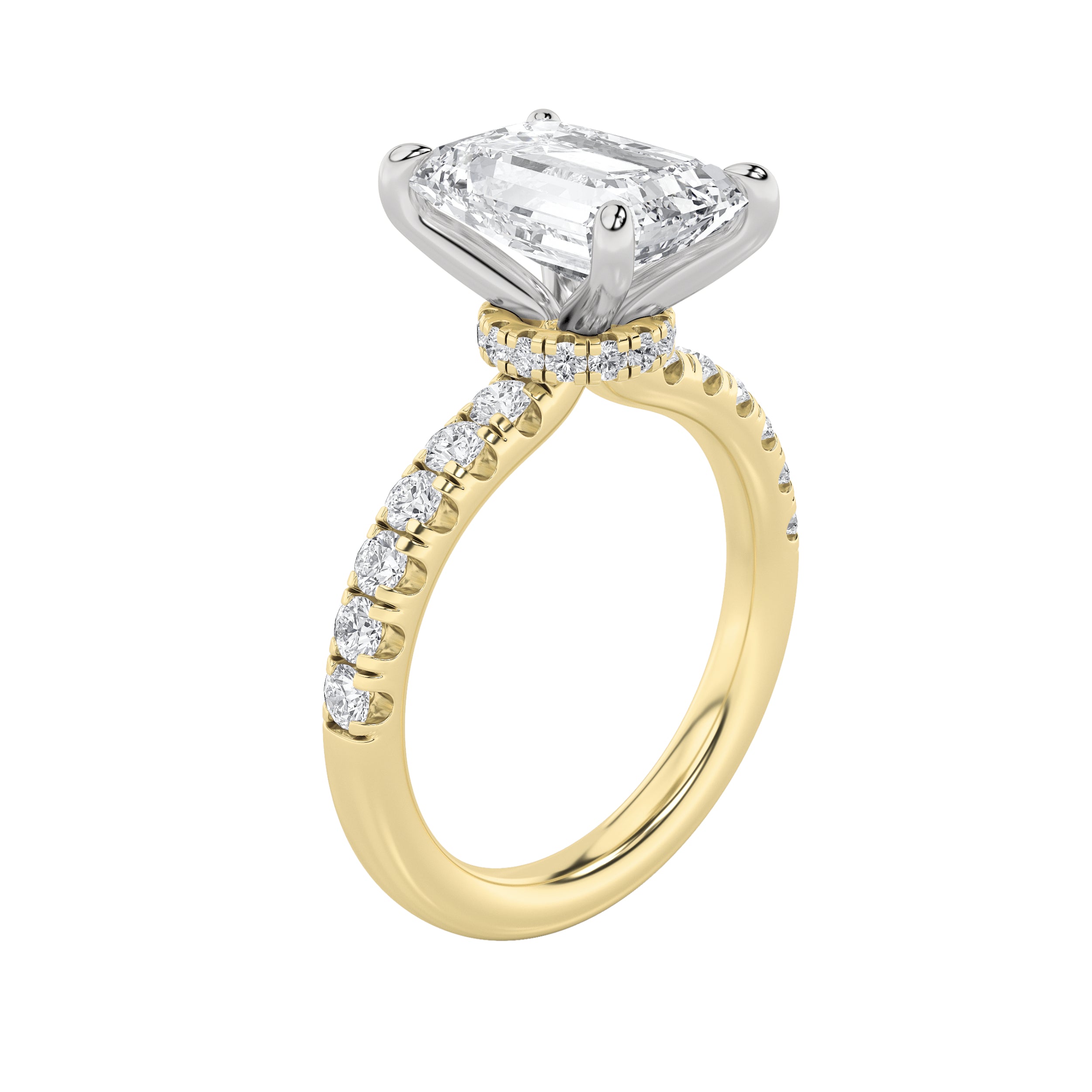 2Cttw Emerald Shaped Lab Grown Diamond (F/VVS) Hidden Halo Accented Ring in 14K Gold
