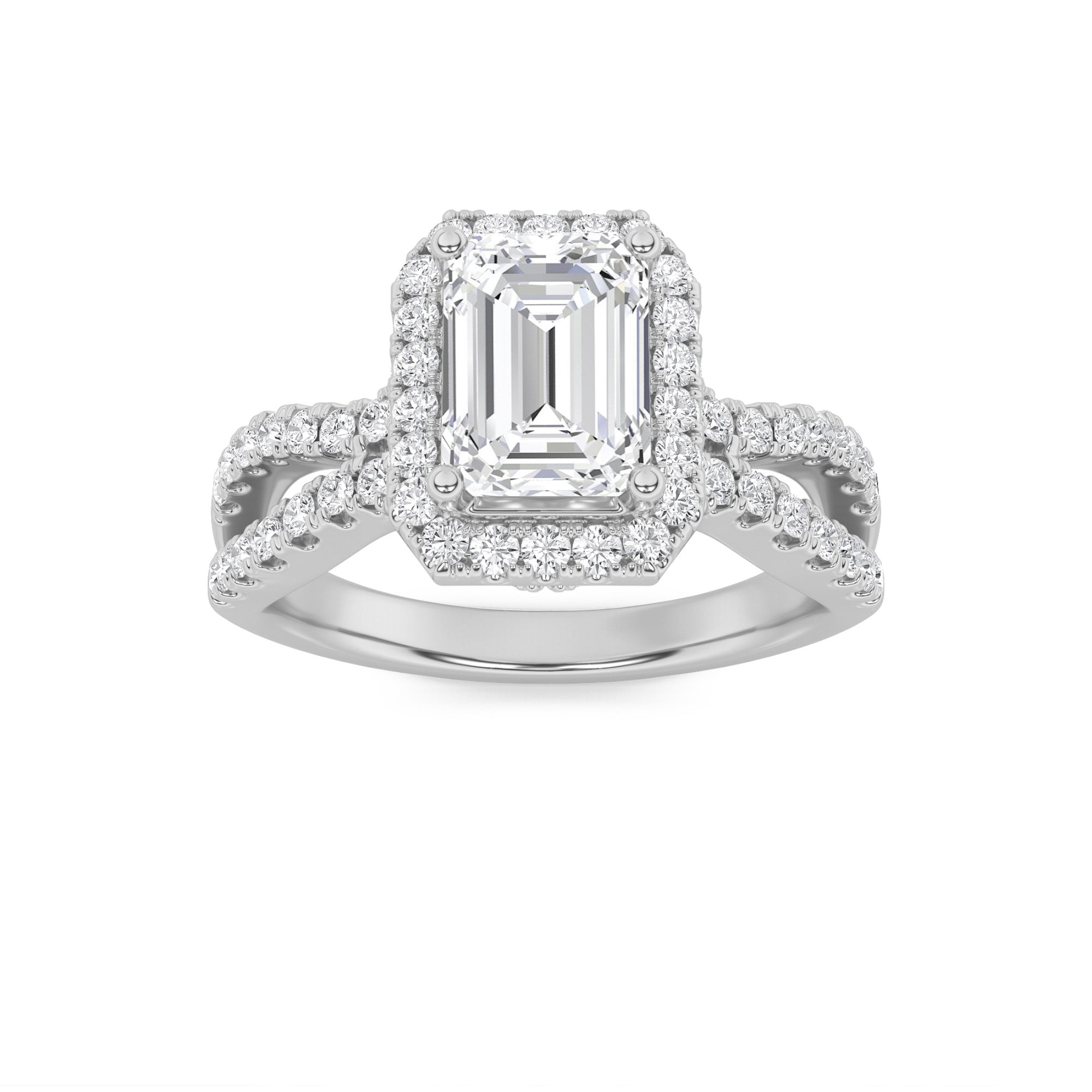2Cttw Emerald Shaped Lab Grown Diamond (G/VS) Split Shank Halo Accented Engagement Ring in 14K Gold