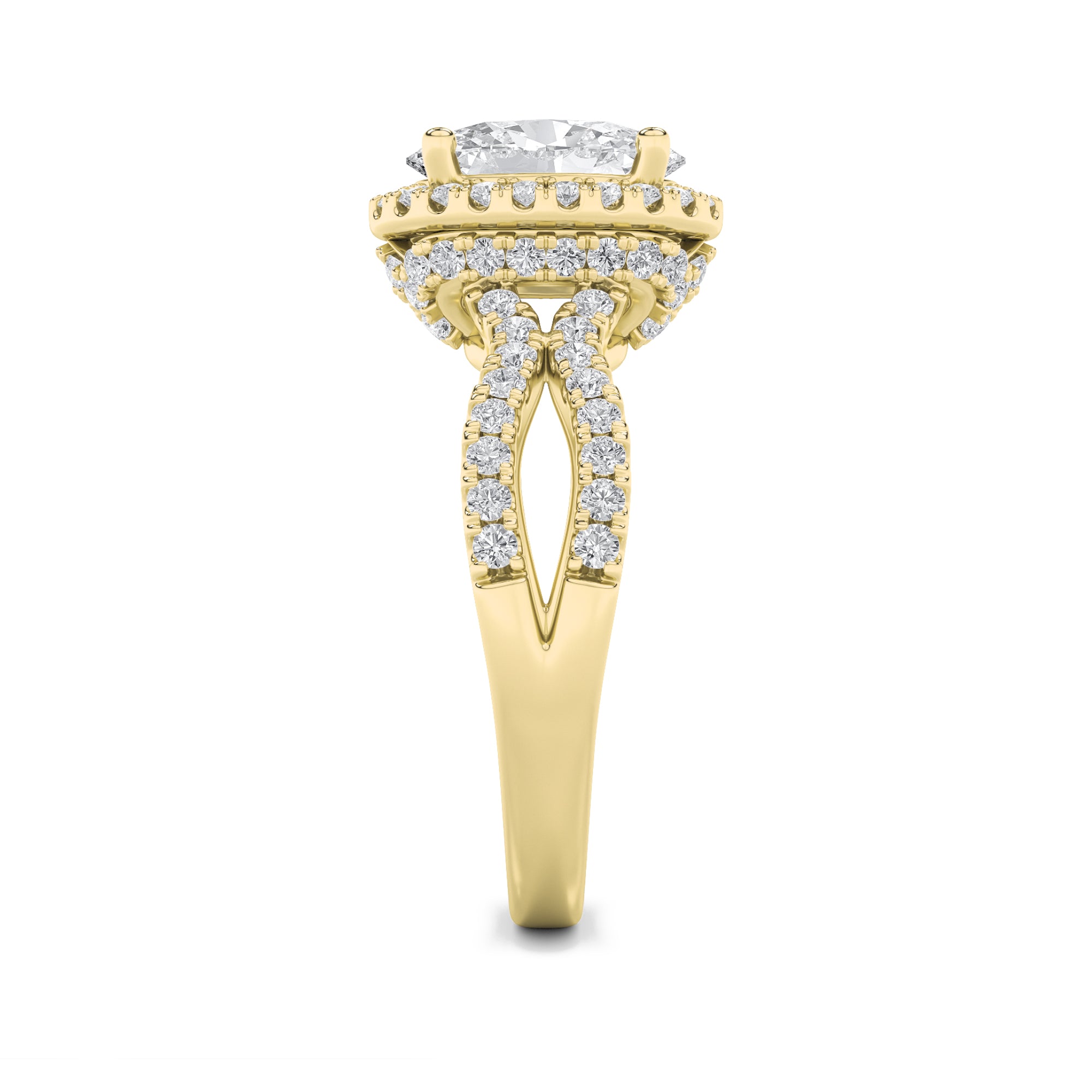 2Cttw Oval Shaped Lab Grown Diamond (F/VS) Split Shank Halo Accented Engagement Ring in 14K Gold