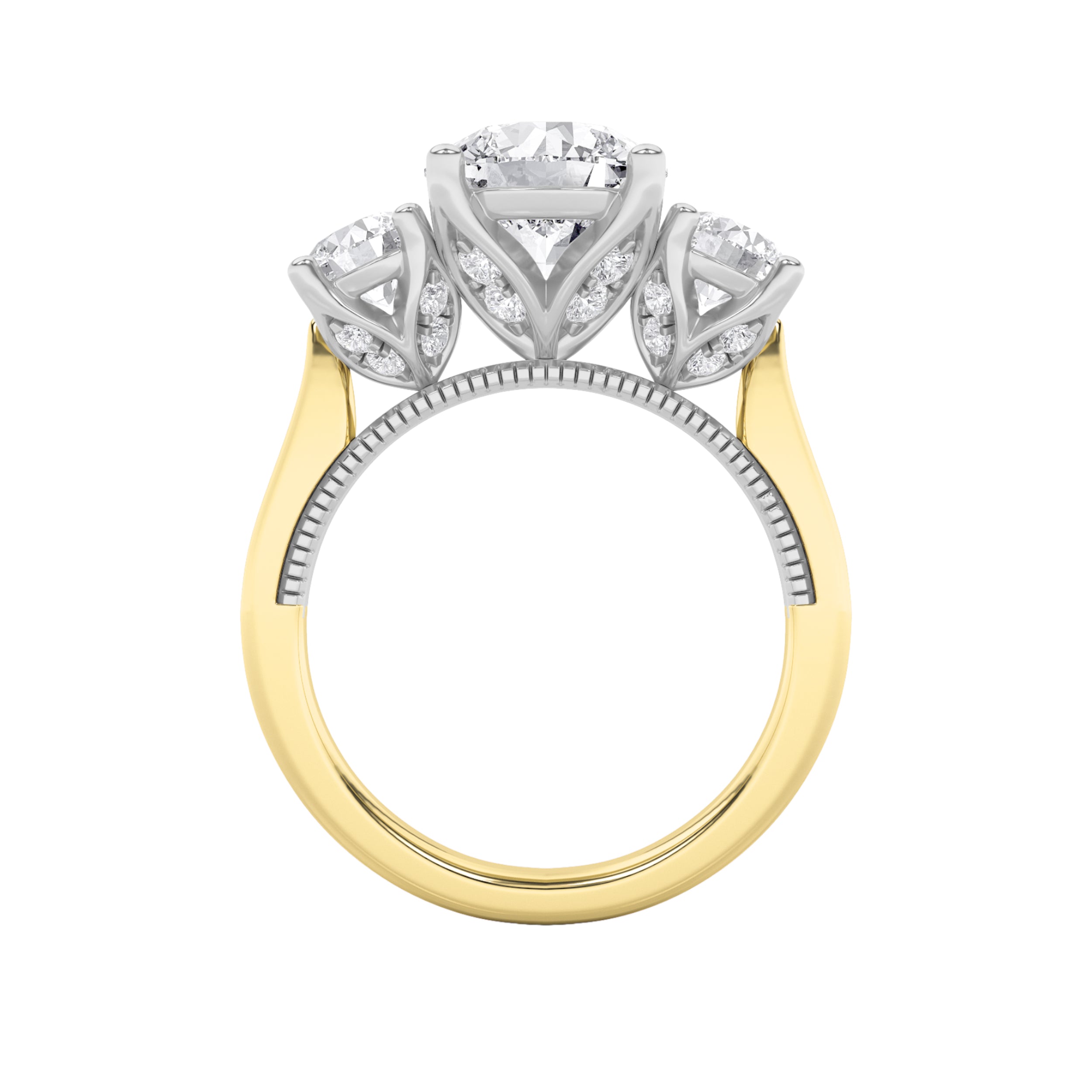 4Cttw Round Shaped Lab Grown Diamond (F/VS) Accented Three Stone Ring in 14K Gold