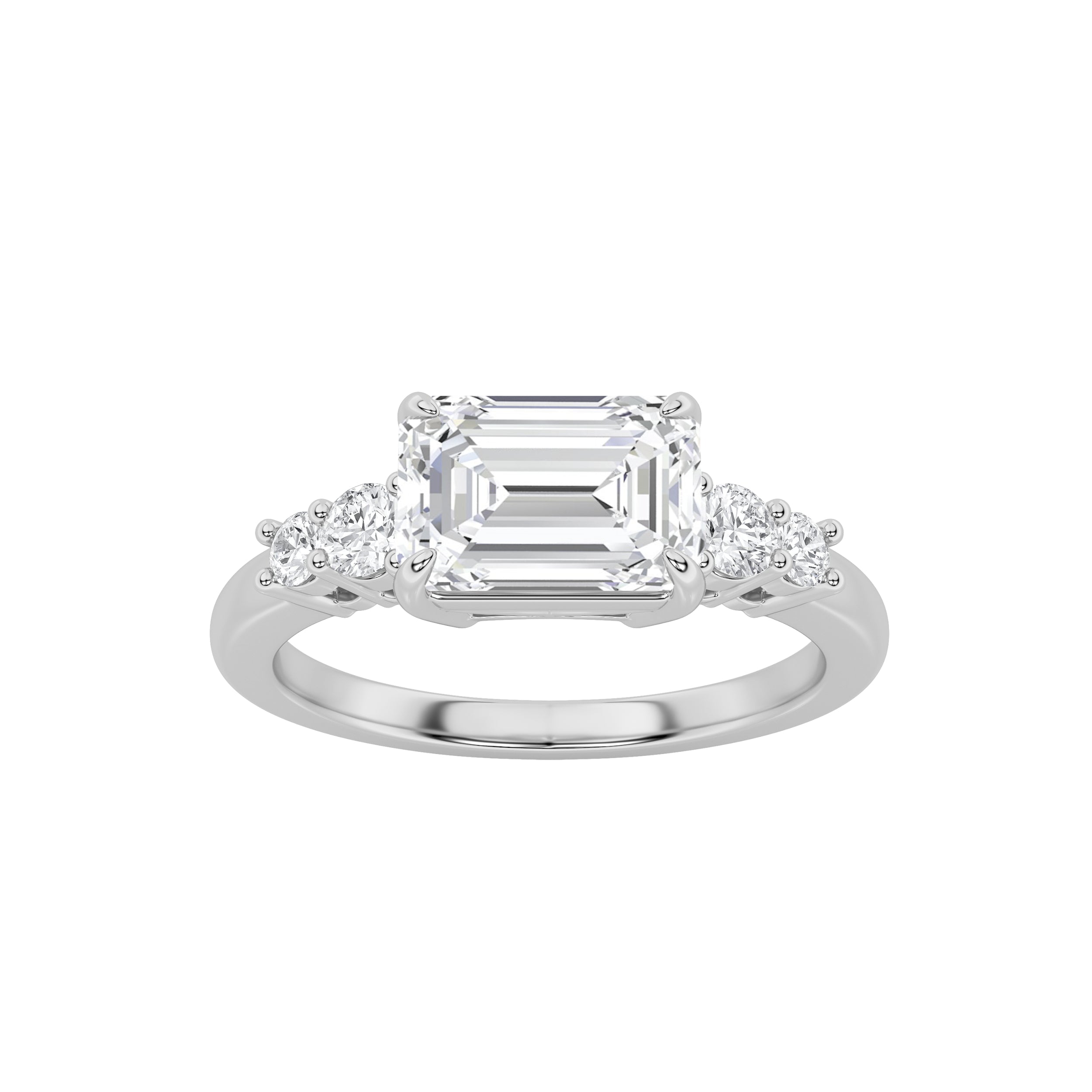 1.5Cttw Emerald Shaped Lab Grown Diamond (F/VS) East West Accented Three Stone Ring in 14K Gold
