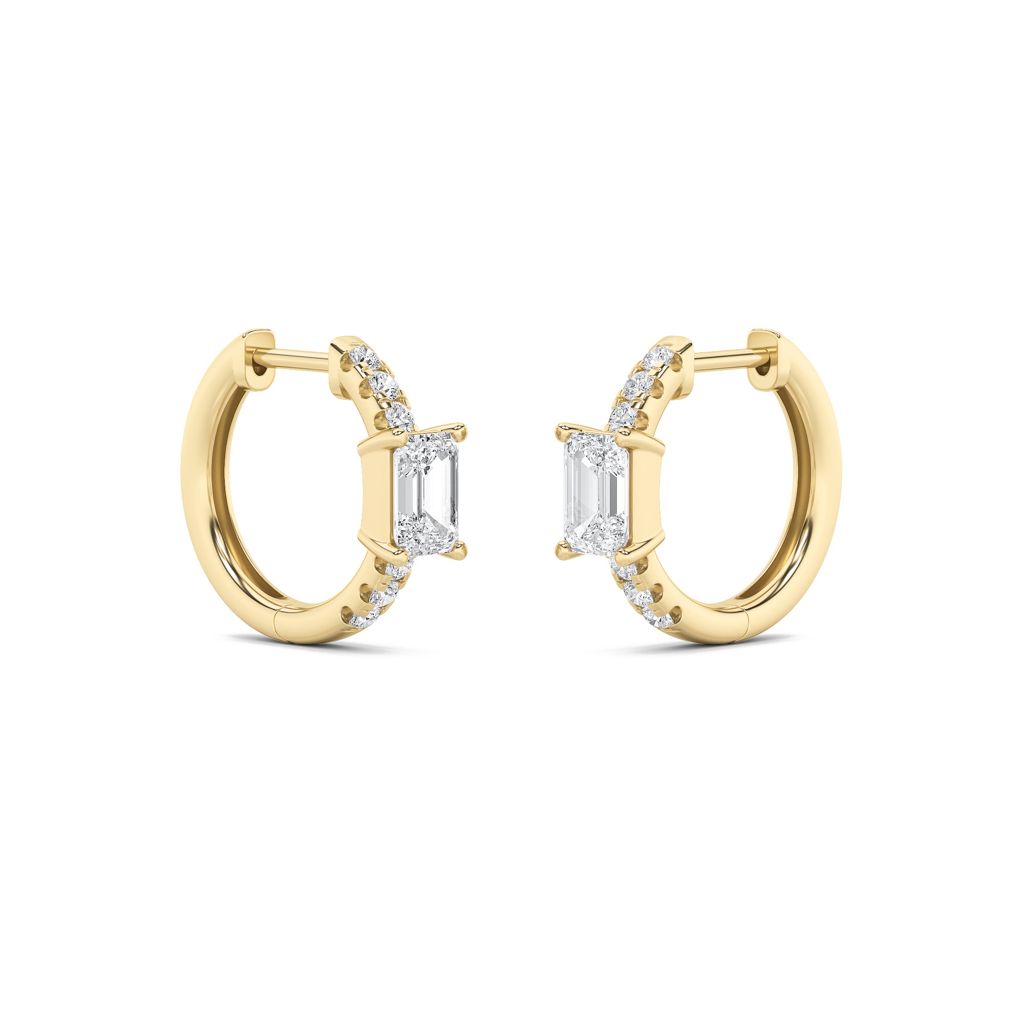 1.5Cttw Emerald Shaped Lab Grown Diamond (F/VS) Accented Huggie Earrings in 14K Yellow Gold