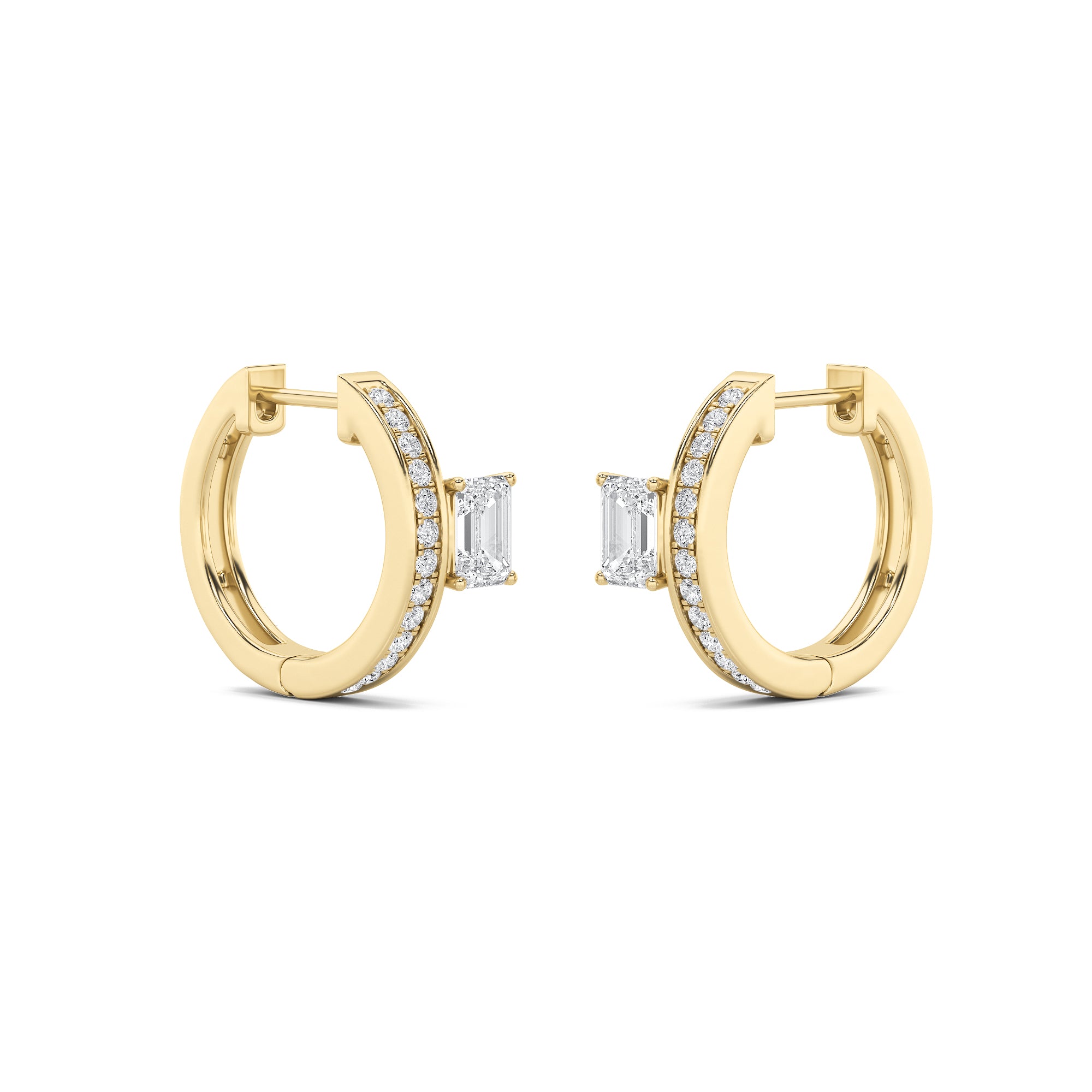 1.25Cttw Emerald Shaped Lab Grown Diamond (F/VS) Accented Huggie Earrings in 14K Yellow Gold