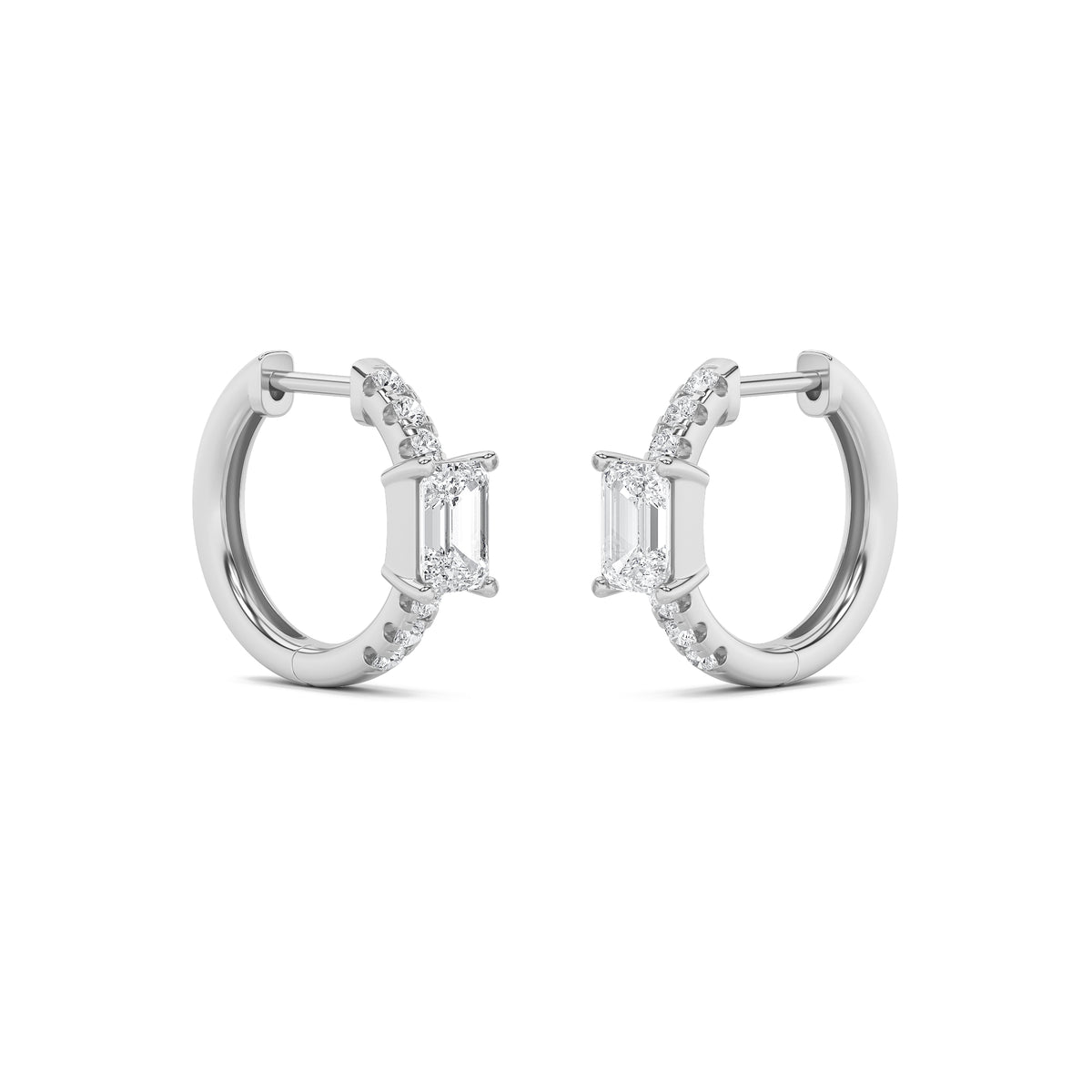 1.5Cttw Emerald Shaped Lab Grown Diamond (F/VS) Solitare Accent Huggie Earrings in 14K Gold
