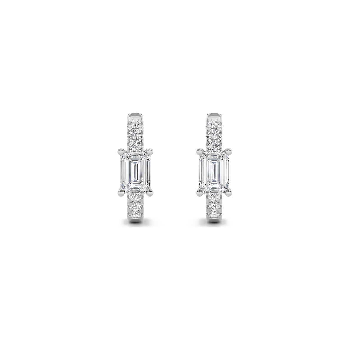 1.5Cttw Emerald Shaped Lab Grown Diamond (F/VS) Solitare Accent Huggie Earrings in 14K Gold
