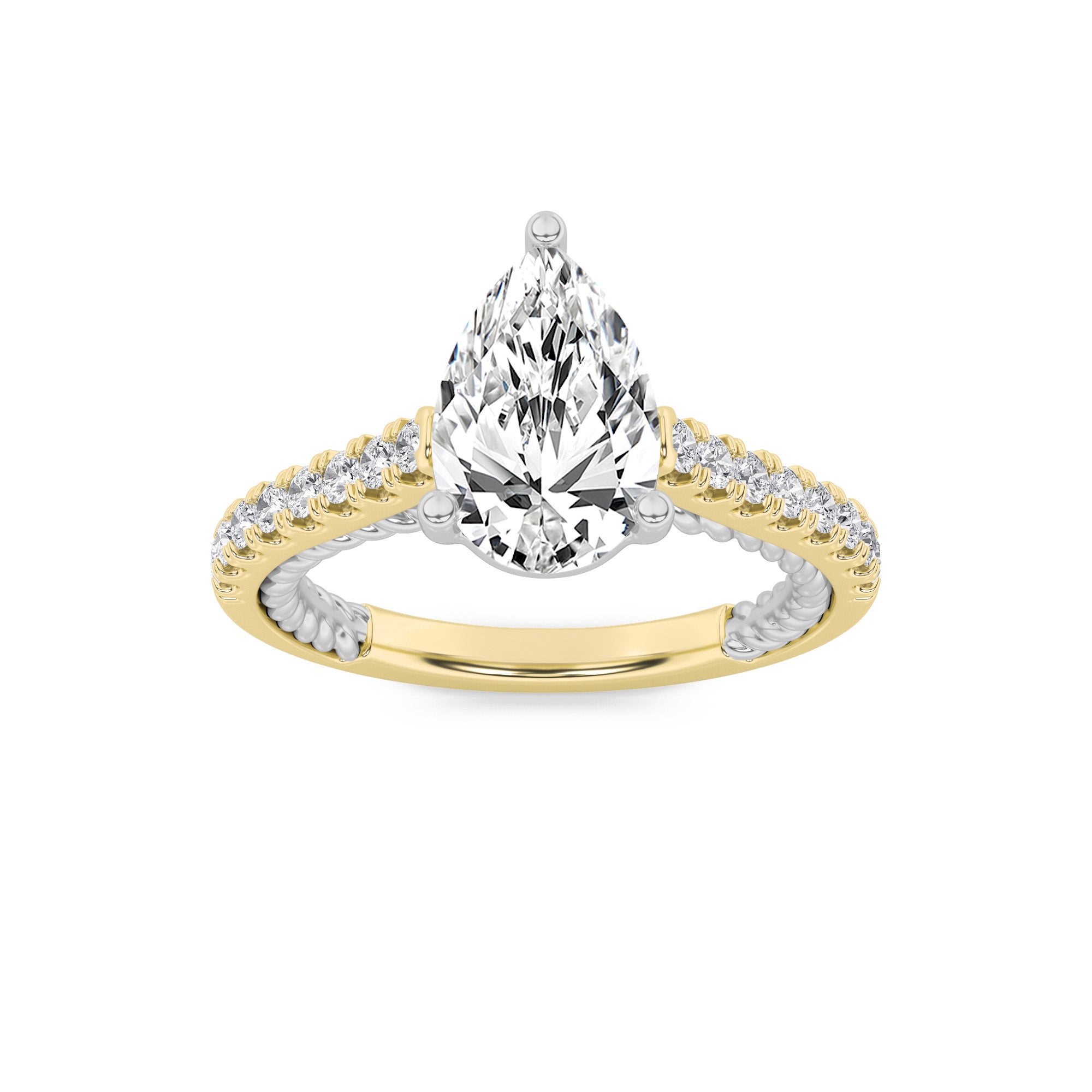 2Cttw Pear Shaped Lab Grown Diamond (F/VS) Two Tone Accented Rope Design Engagement Ring in 14K Gold