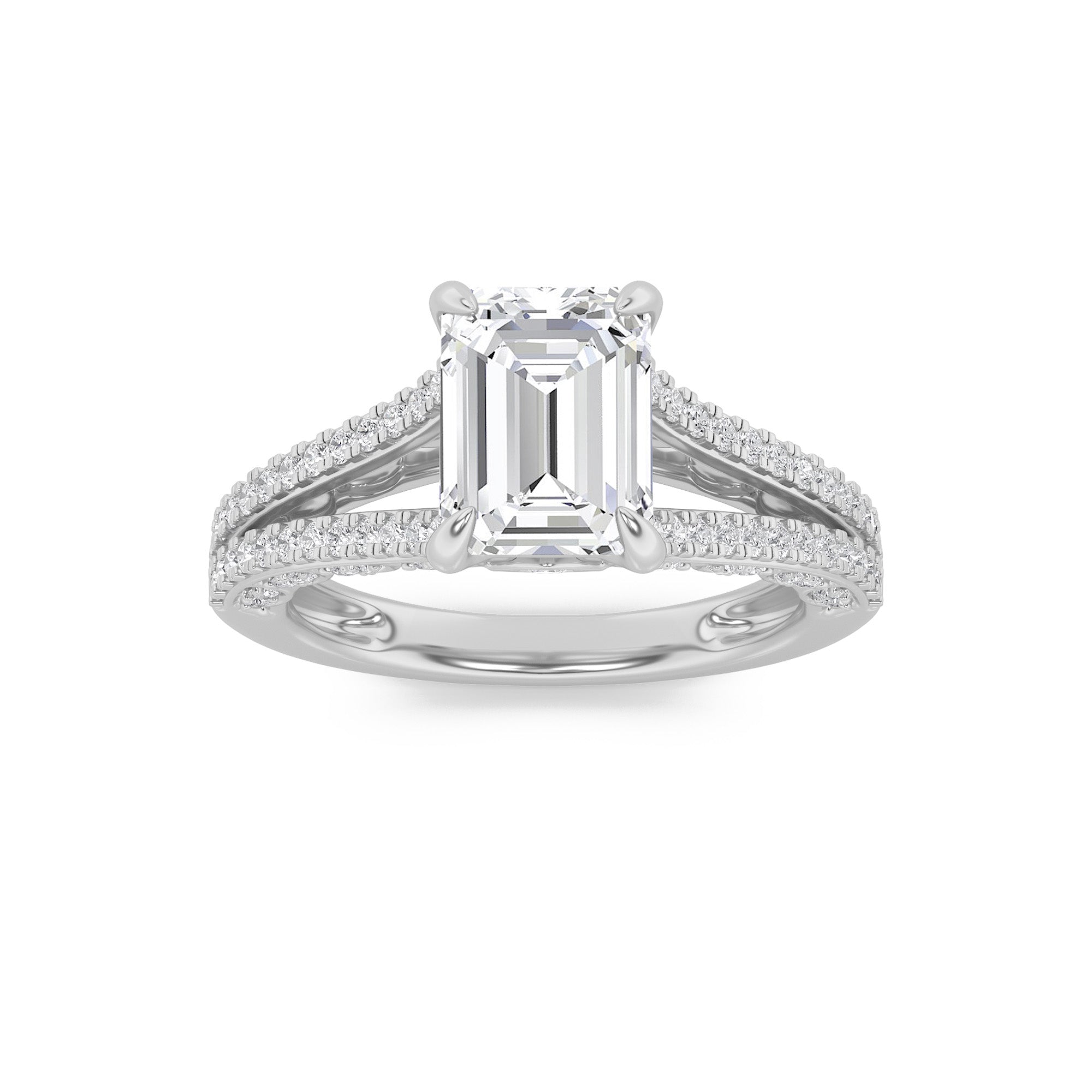 2Cttw Emerald Shaped Lab Grown Diamond (G/VS) Split Shank Accented Engagement Ring in 14K Gold
