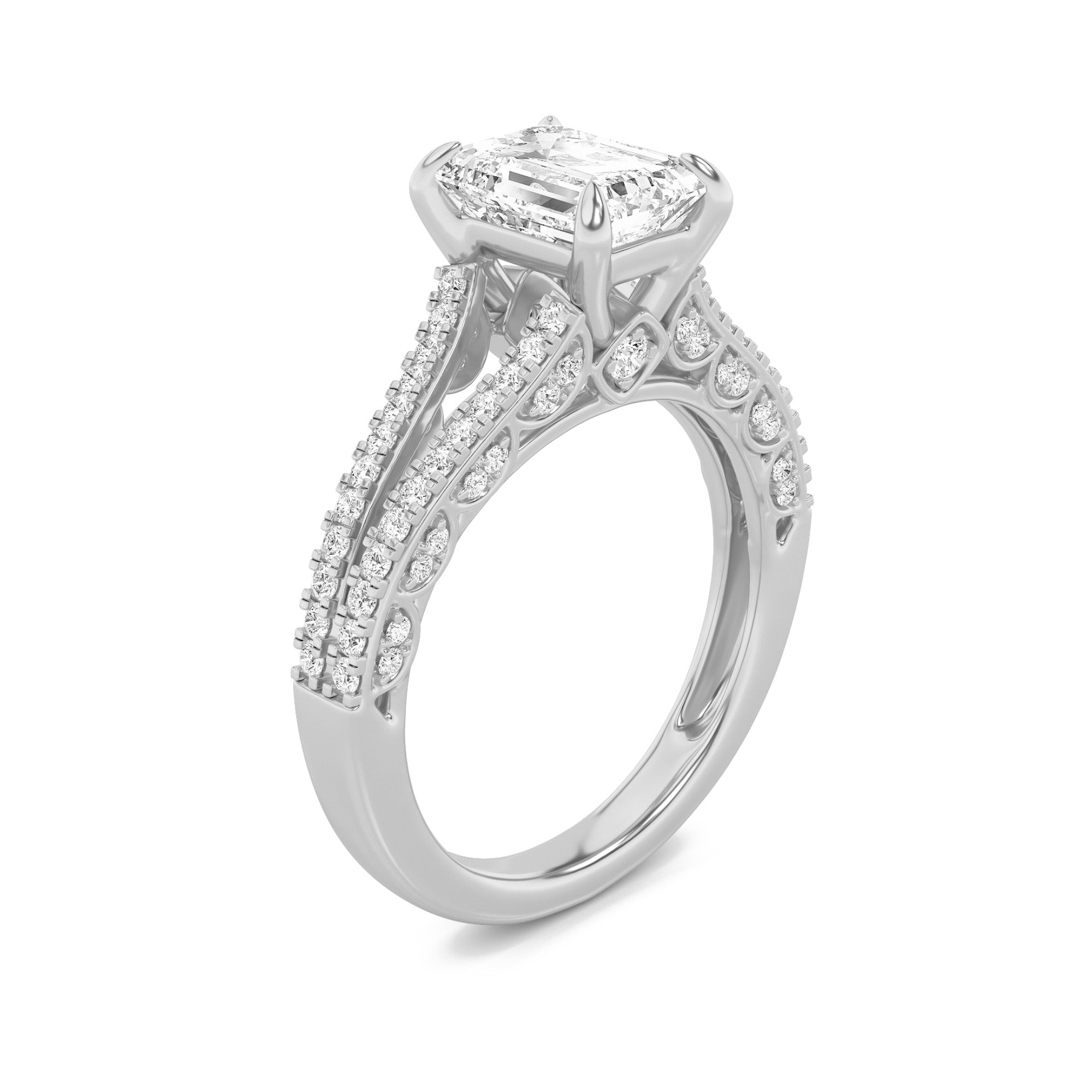 2Cttw Emerald Shaped Lab Grown Diamond (G/VS) Split Shank Accented Engagement Ring in 14K Gold