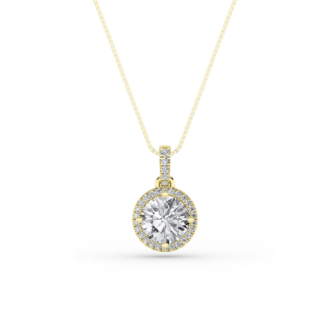 2.0ct Round Shaped Lab Grown Diamond (F/VS) Halo Pendant in 14K Yellow Gold